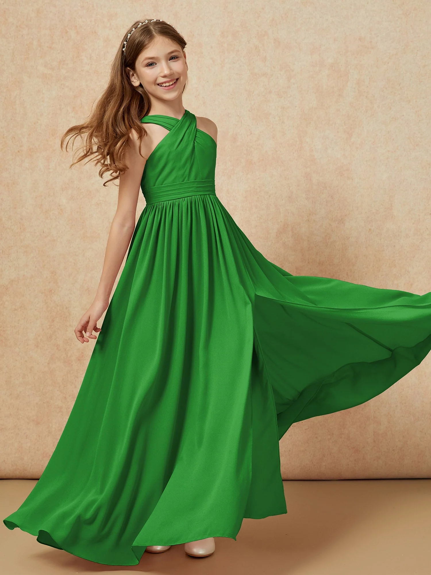 Griechischer Ausschnitt Chiffon Junge Brautjungfernkleider mit Schlitz Grün - Image 6