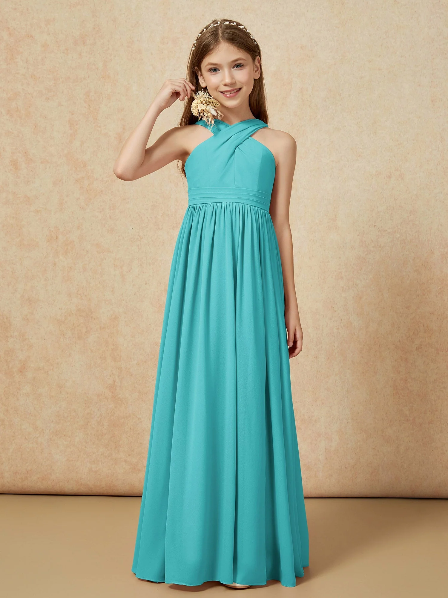 Griechischer Ausschnitt Chiffon Junge Brautjungfernkleider mit Schlitz Jade