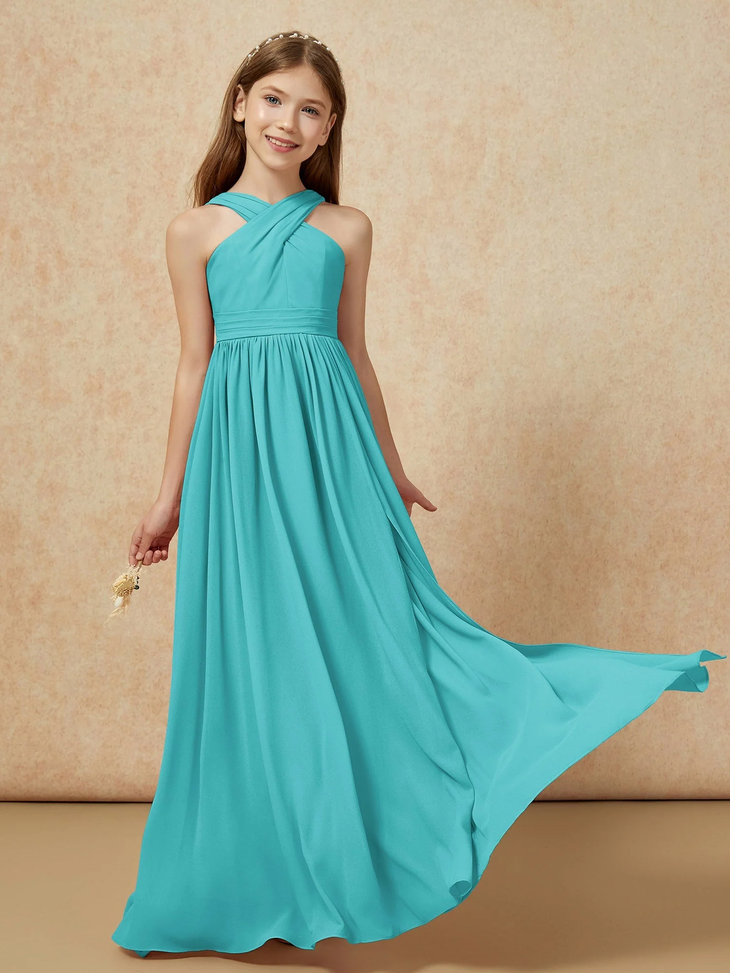 Griechischer Ausschnitt Chiffon Junge Brautjungfernkleider mit Schlitz Jade - Image 5