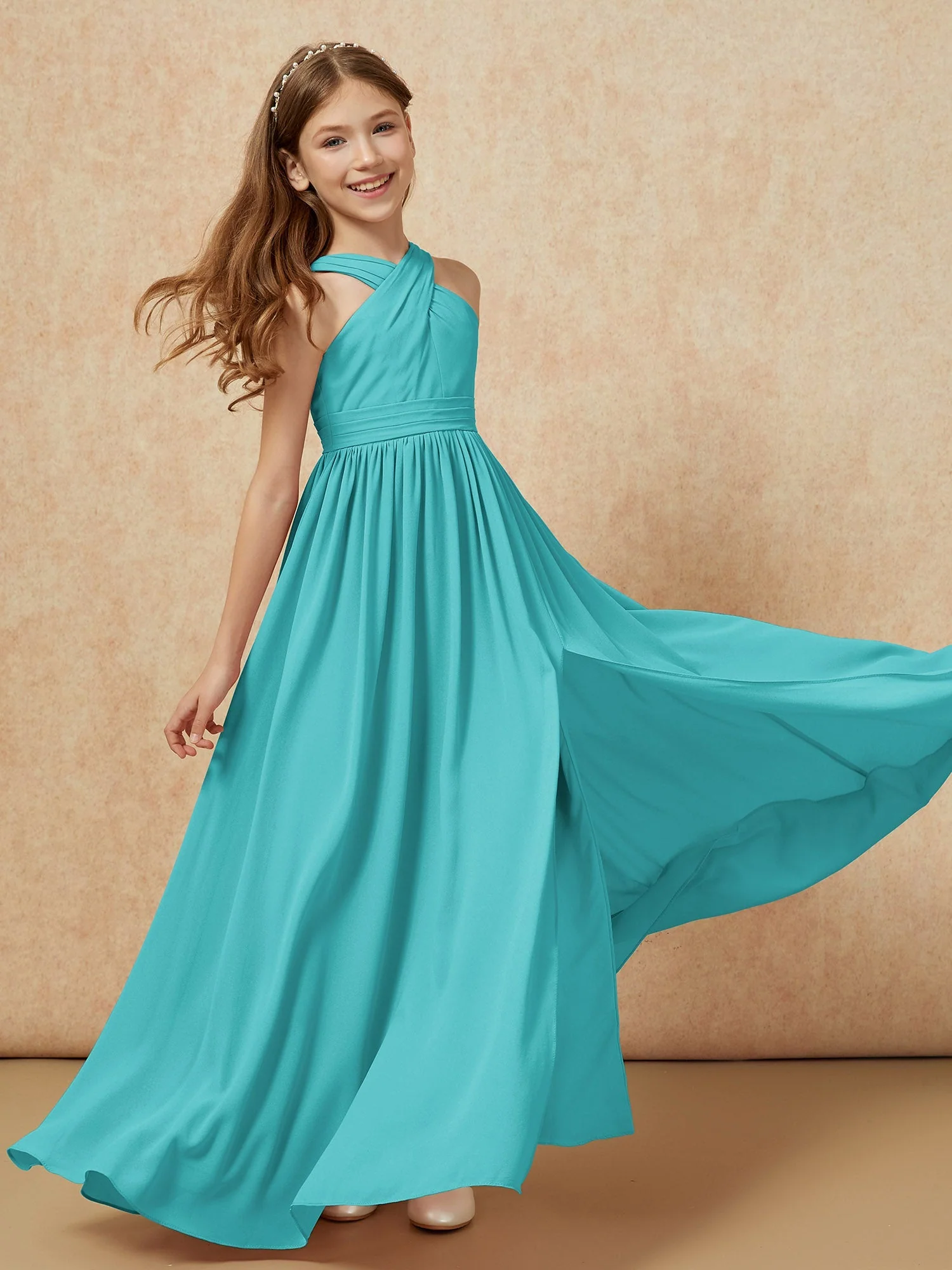 Griechischer Ausschnitt Chiffon Junge Brautjungfernkleider mit Schlitz Jade - Image 6
