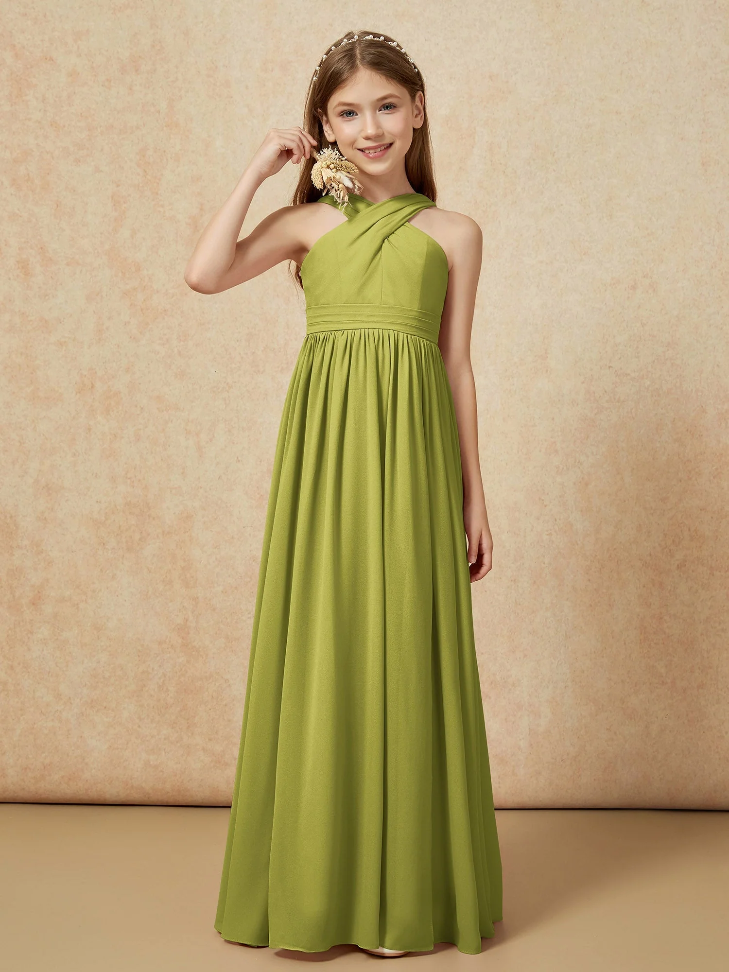 Griechischer Ausschnitt Chiffon Junge Brautjungfernkleider mit Schlitz Kleegrün