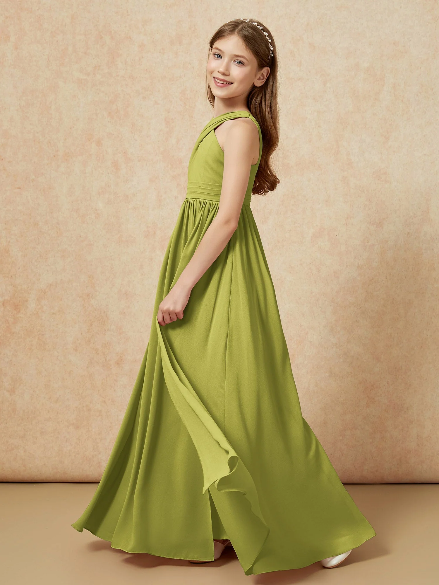 Griechischer Ausschnitt Chiffon Junge Brautjungfernkleider mit Schlitz Kleegrün - Image 3