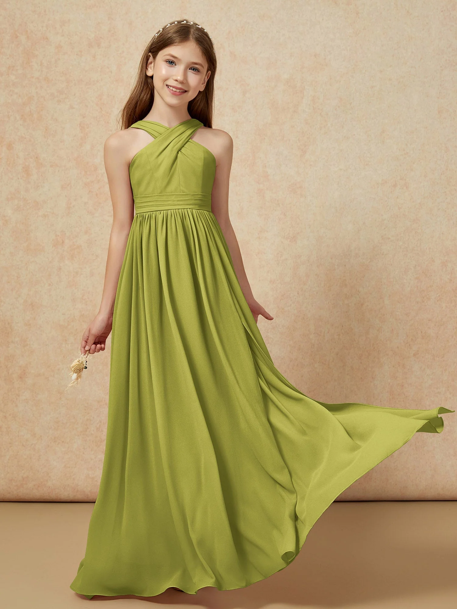 Griechischer Ausschnitt Chiffon Junge Brautjungfernkleider mit Schlitz Kleegrün - Image 5