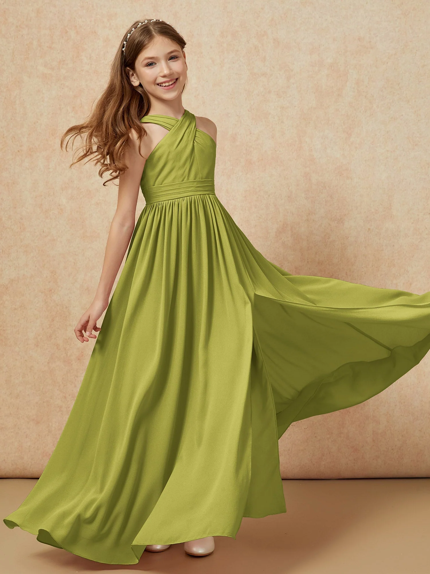 Griechischer Ausschnitt Chiffon Junge Brautjungfernkleider mit Schlitz Kleegrün - Image 6
