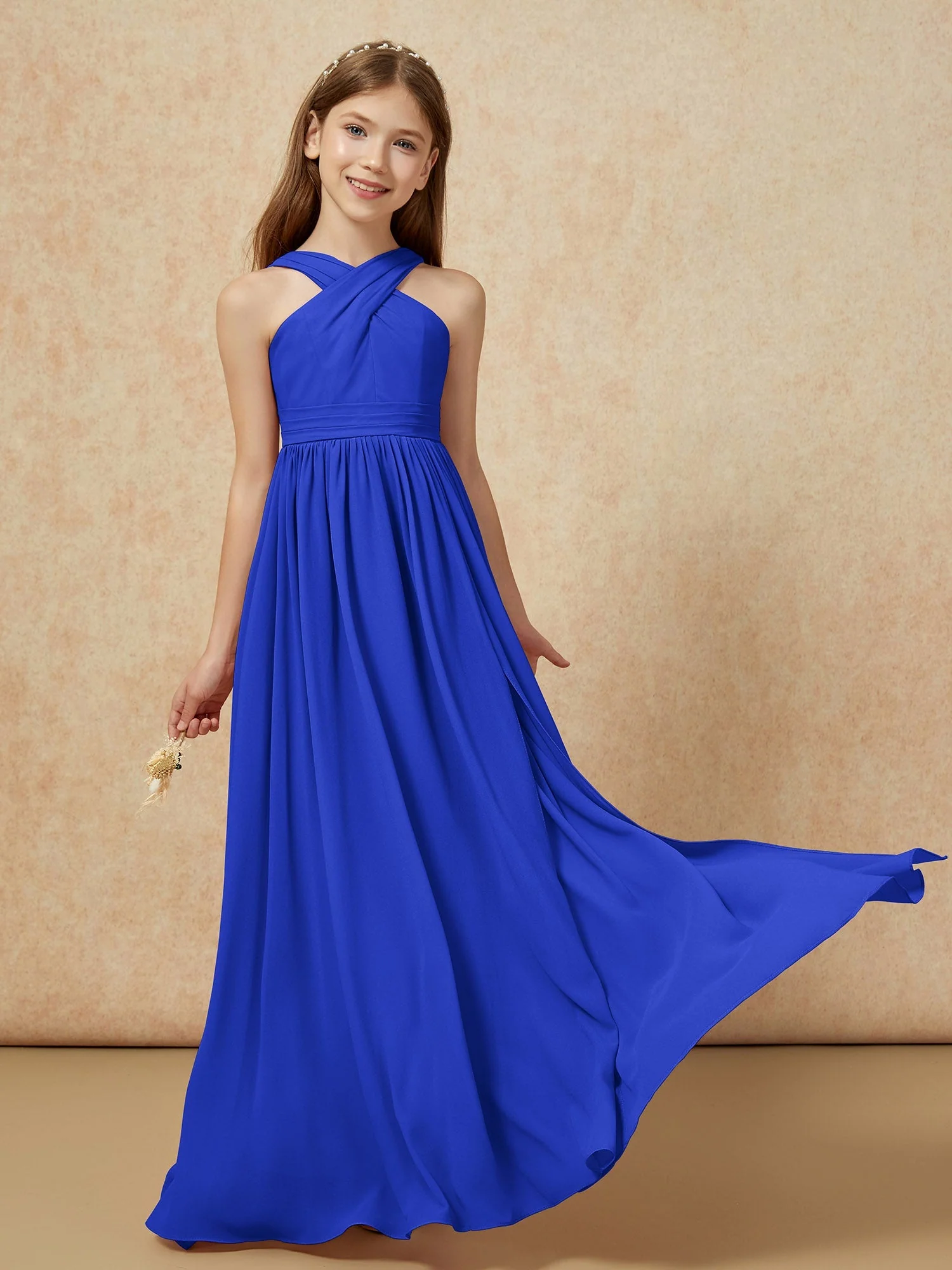 Griechischer Ausschnitt Chiffon Junge Brautjungfernkleider mit Schlitz Königsblau - Image 5