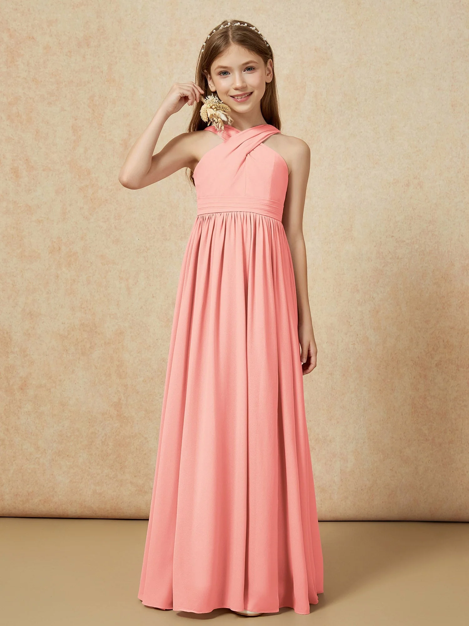 Griechischer Ausschnitt Chiffon Junge Brautjungfernkleider mit Schlitz Koralle