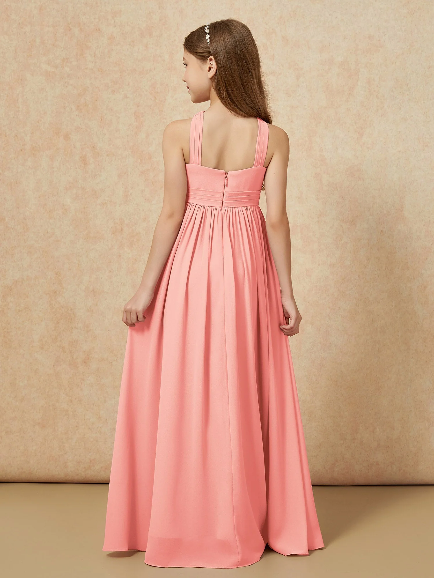 Griechischer Ausschnitt Chiffon Junge Brautjungfernkleider mit Schlitz Koralle - Image 2