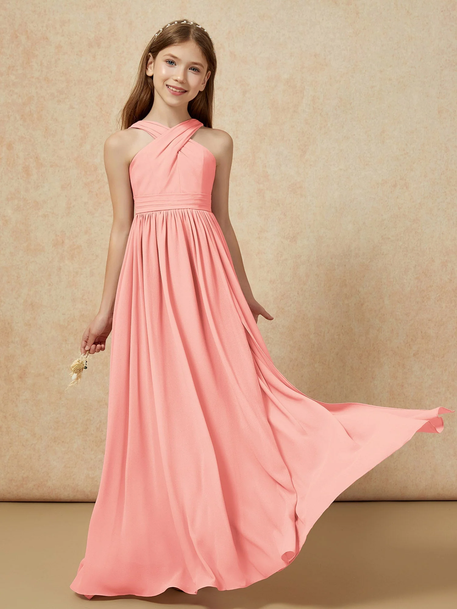 Griechischer Ausschnitt Chiffon Junge Brautjungfernkleider mit Schlitz Koralle - Image 5