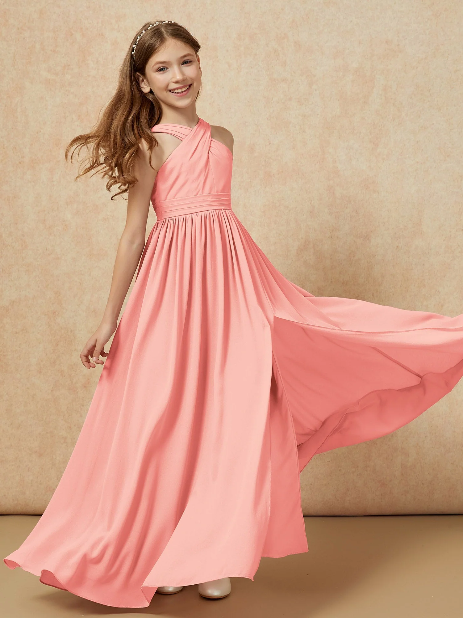 Griechischer Ausschnitt Chiffon Junge Brautjungfernkleider mit Schlitz Koralle - Image 6
