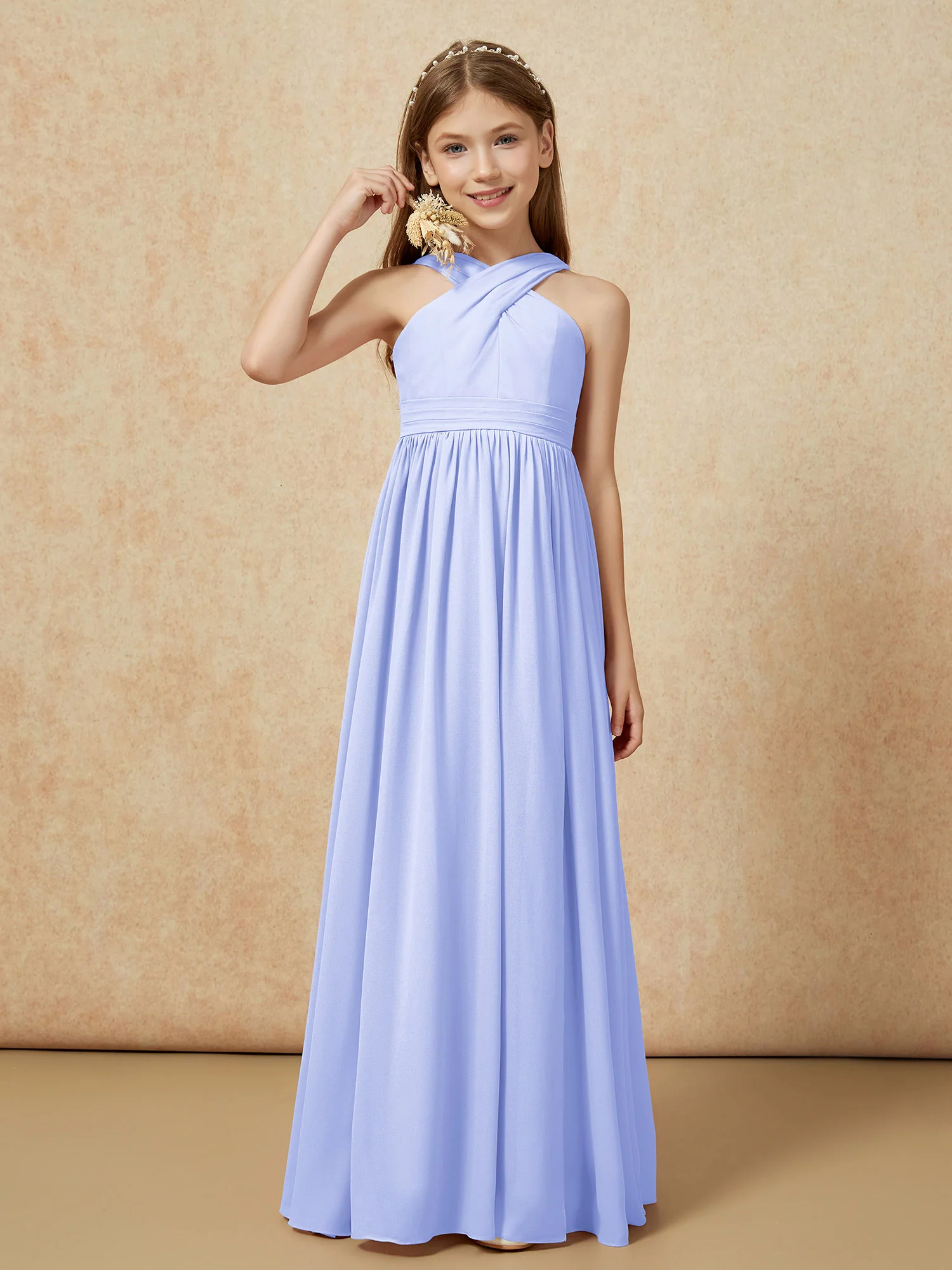Griechischer Ausschnitt Chiffon Junge Brautjungfernkleider mit Schlitz Lavendel