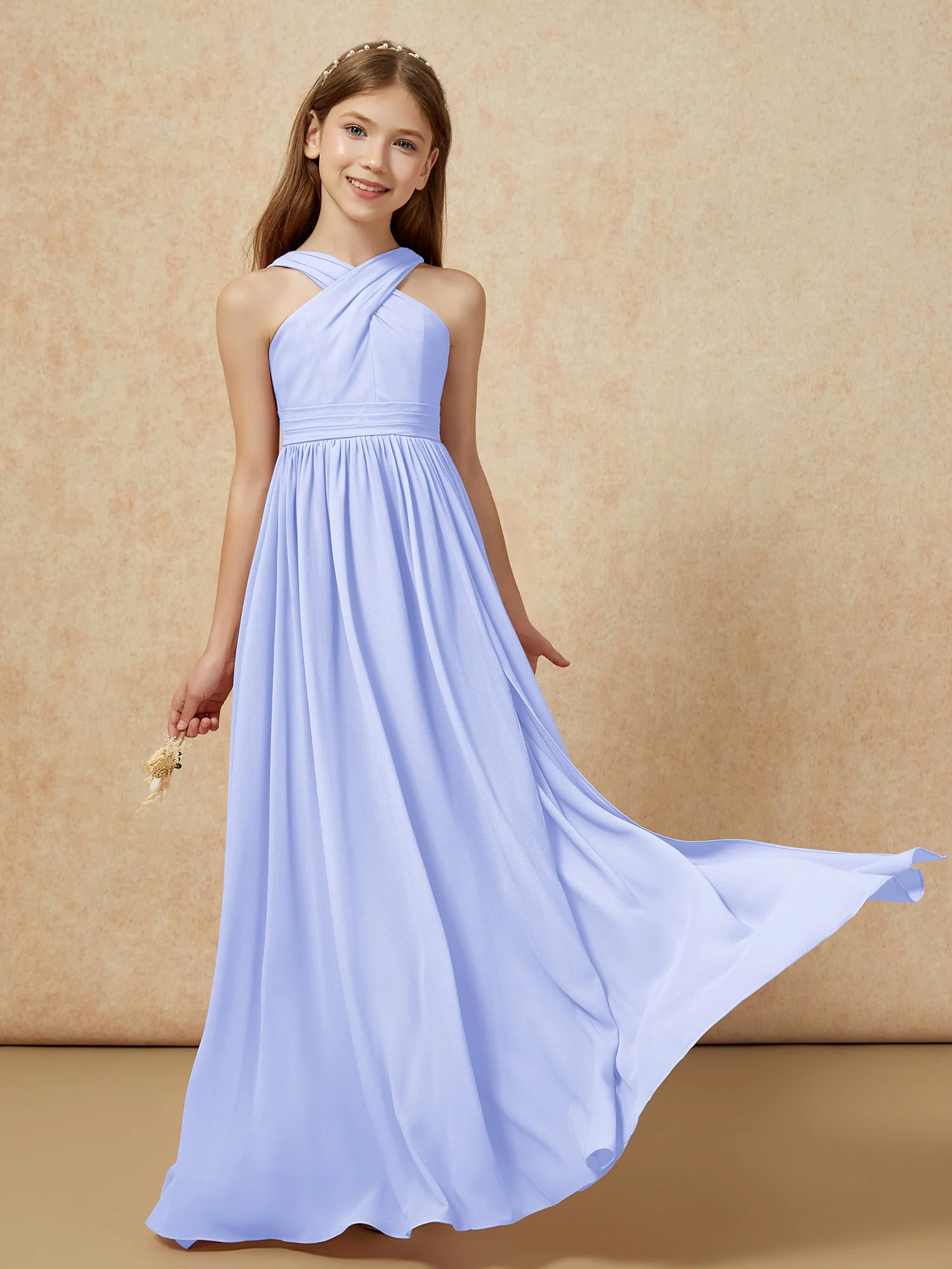 Griechischer Ausschnitt Chiffon Junge Brautjungfernkleider mit Schlitz Lavendel - Image 5