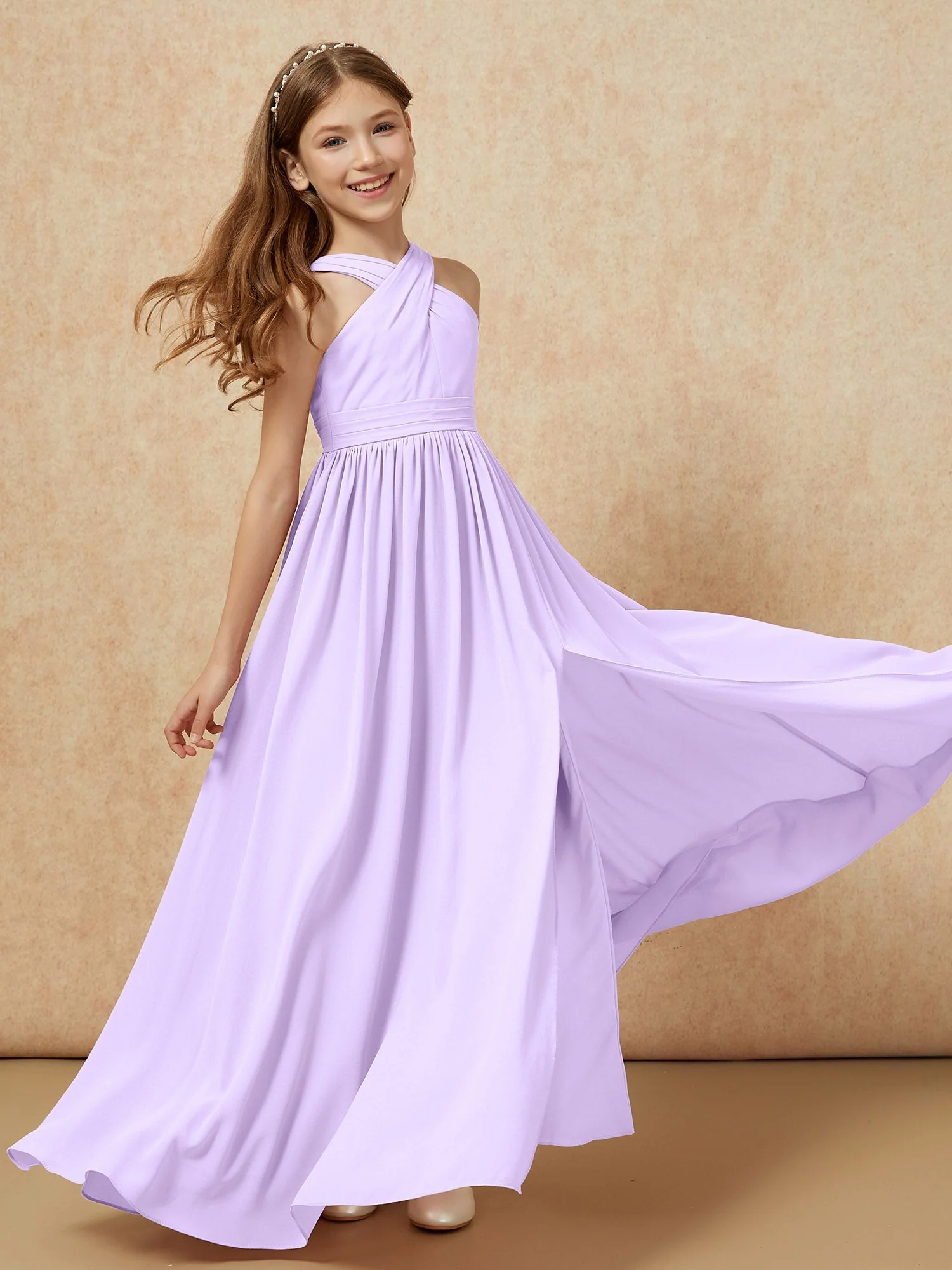 Griechischer Ausschnitt Chiffon Junge Brautjungfernkleider mit Schlitz Lila - Image 6