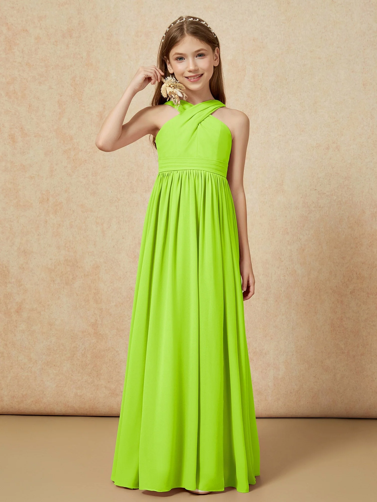 Griechischer Ausschnitt Chiffon Junge Brautjungfernkleider mit Schlitz Lindgrün