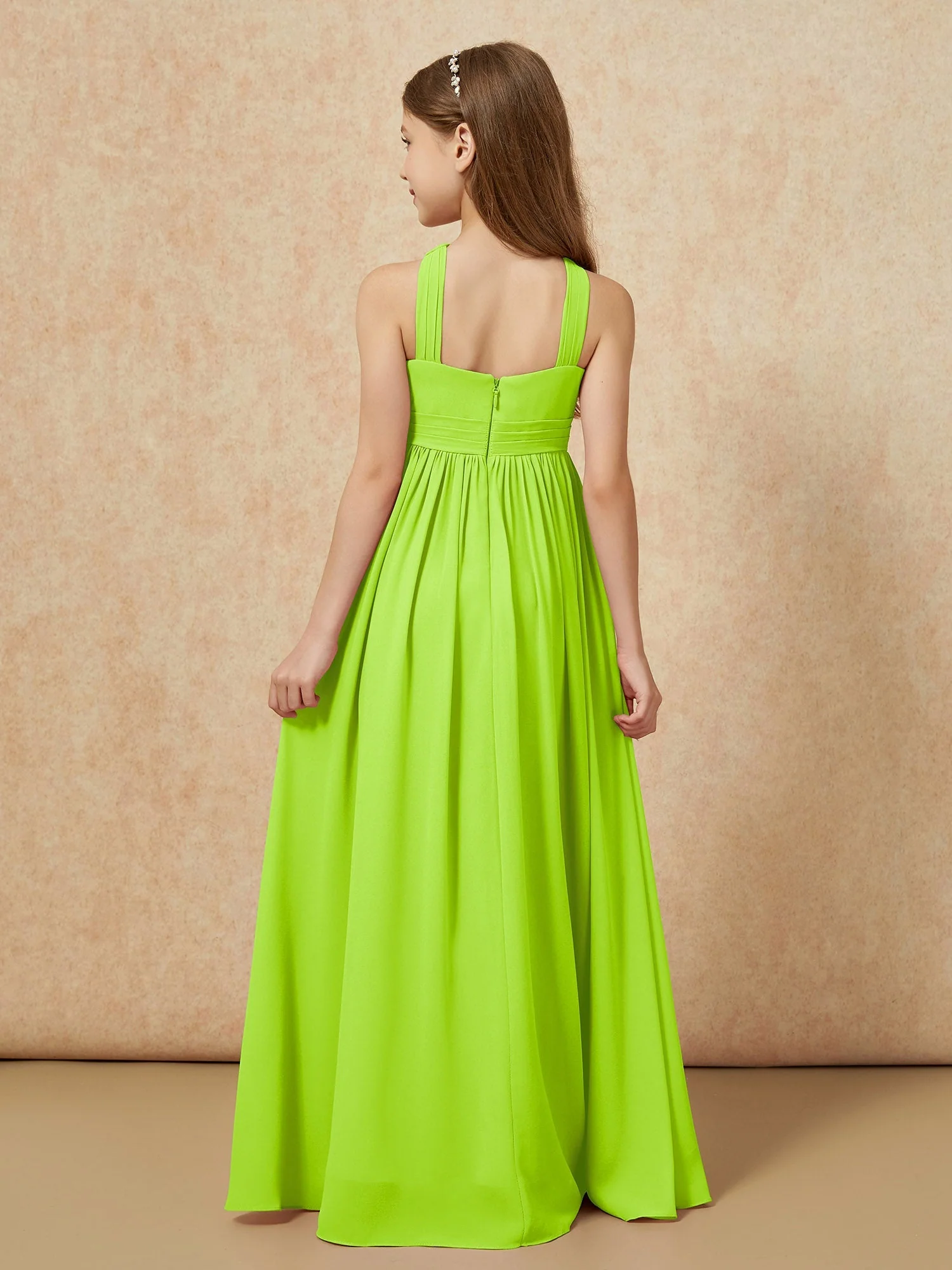 Griechischer Ausschnitt Chiffon Junge Brautjungfernkleider mit Schlitz Lindgrün - Image 2