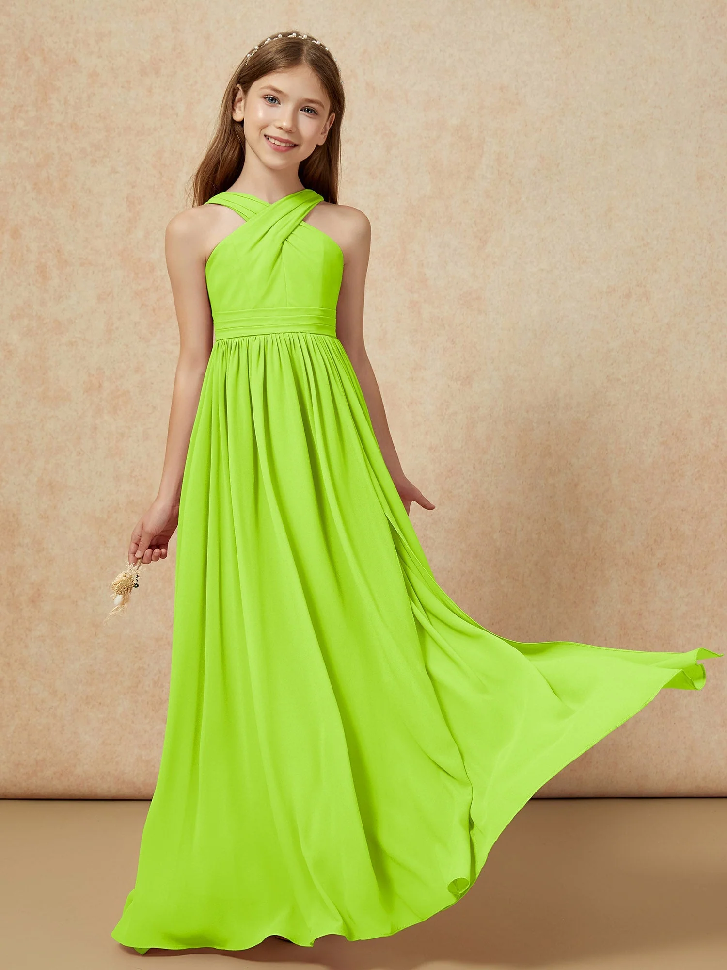 Griechischer Ausschnitt Chiffon Junge Brautjungfernkleider mit Schlitz Lindgrün - Image 5