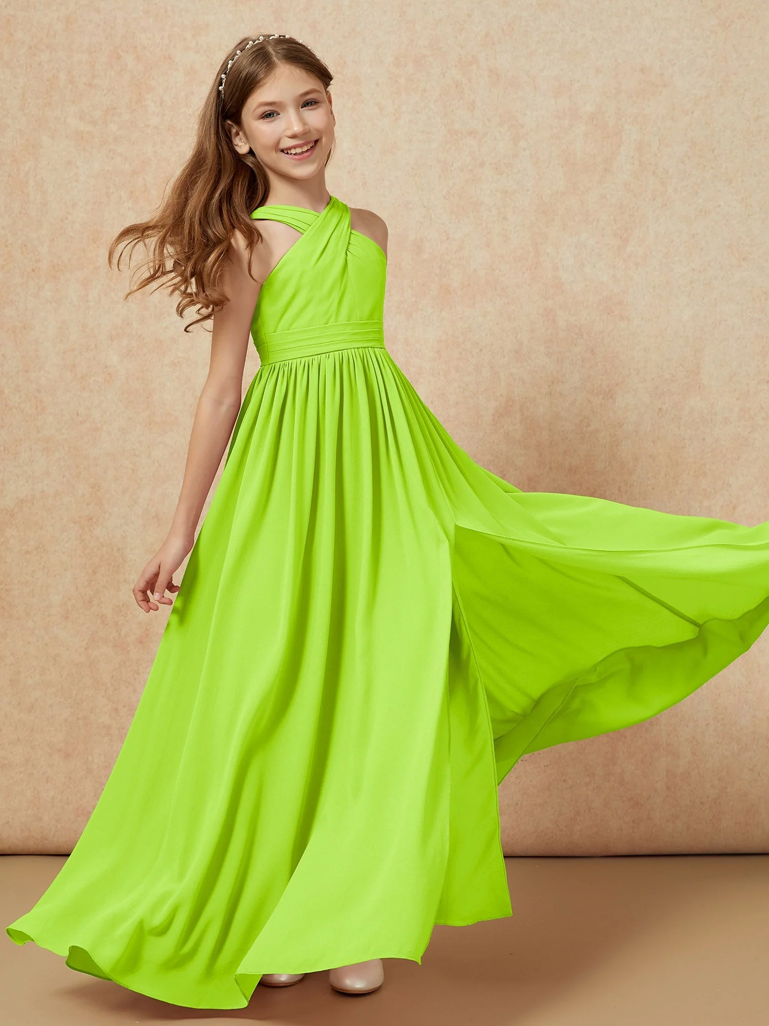 Griechischer Ausschnitt Chiffon Junge Brautjungfernkleider mit Schlitz Lindgrün - Image 6
