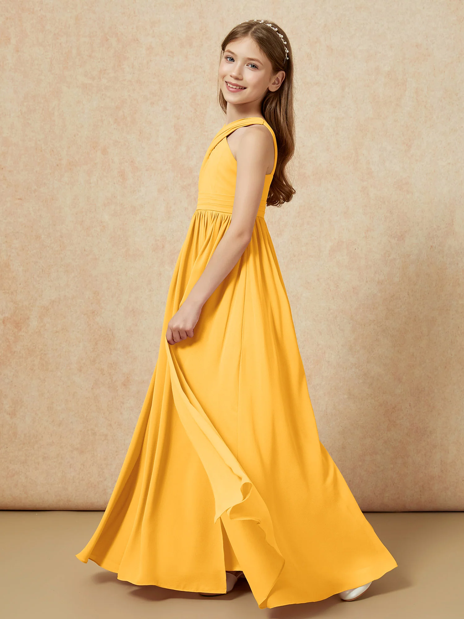 Griechischer Ausschnitt Chiffon Junge Brautjungfernkleider mit Schlitz Mandarine - Image 3