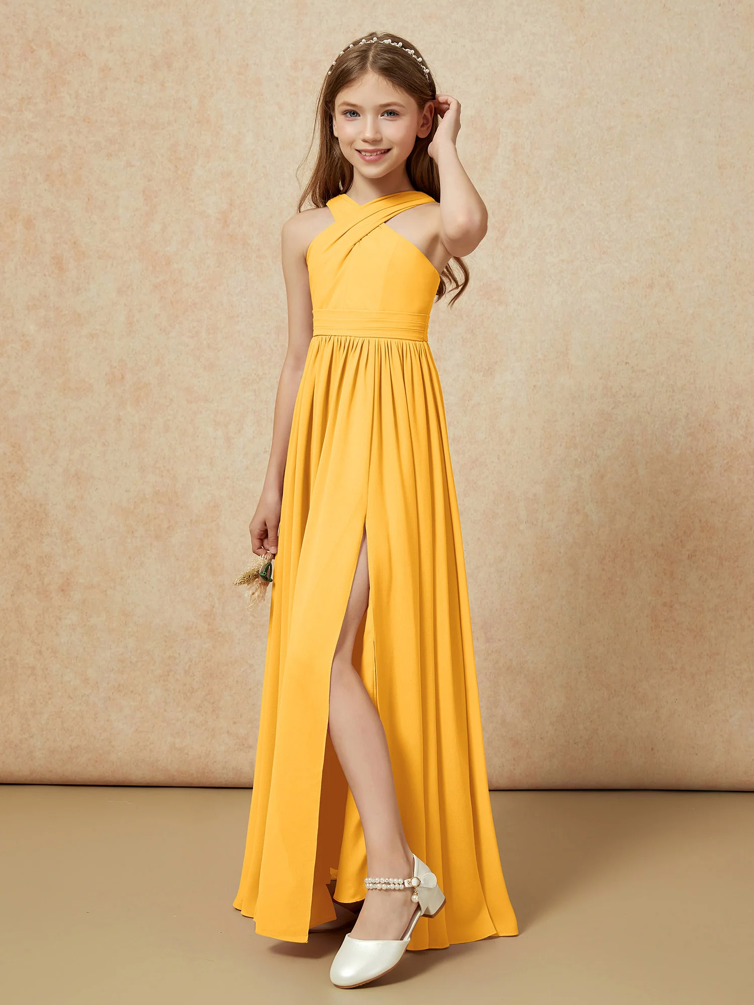 Griechischer Ausschnitt Chiffon Junge Brautjungfernkleider mit Schlitz Mandarine - Image 4