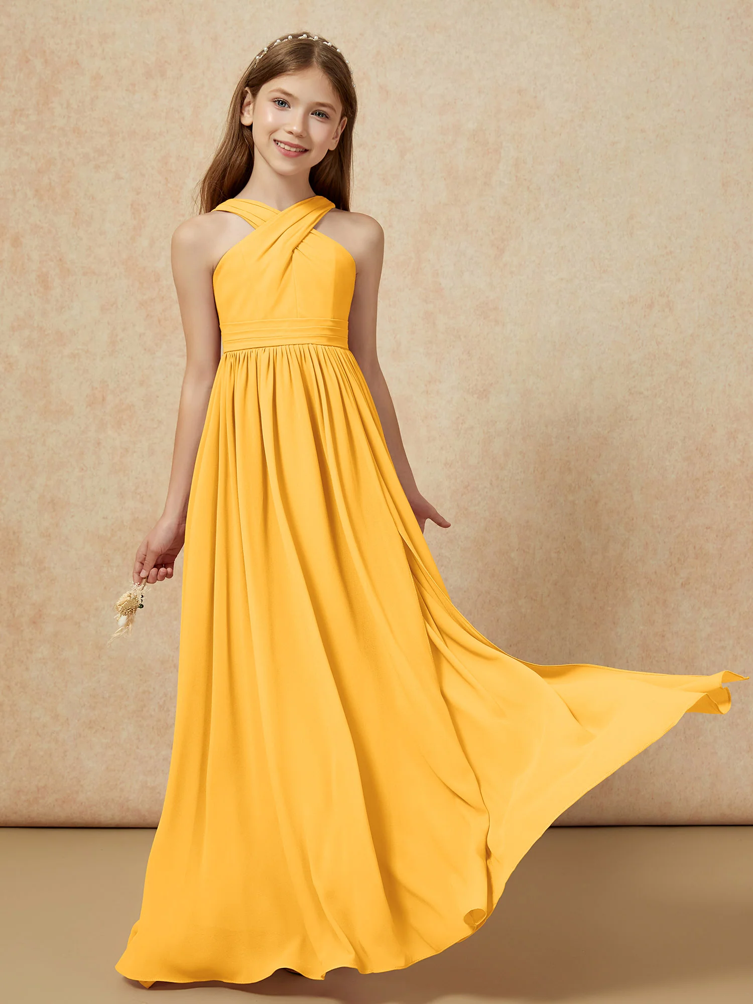 Griechischer Ausschnitt Chiffon Junge Brautjungfernkleider mit Schlitz Mandarine - Image 5