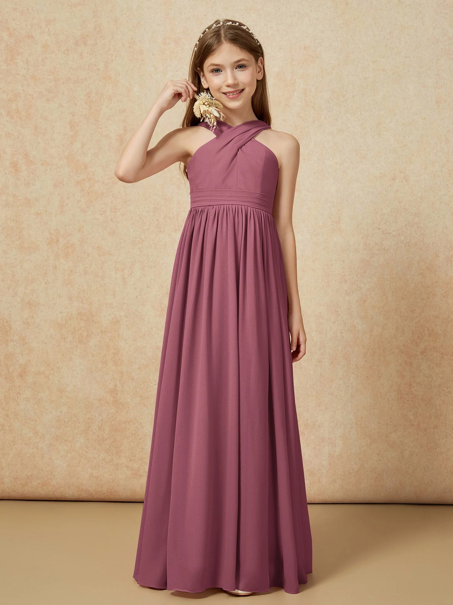 Griechischer Ausschnitt Chiffon Junge Brautjungfernkleider mit Schlitz Maulbeere
