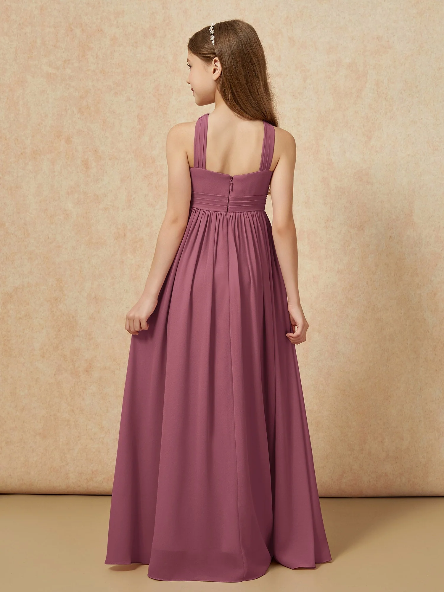 Griechischer Ausschnitt Chiffon Junge Brautjungfernkleider mit Schlitz Maulbeere - Image 2