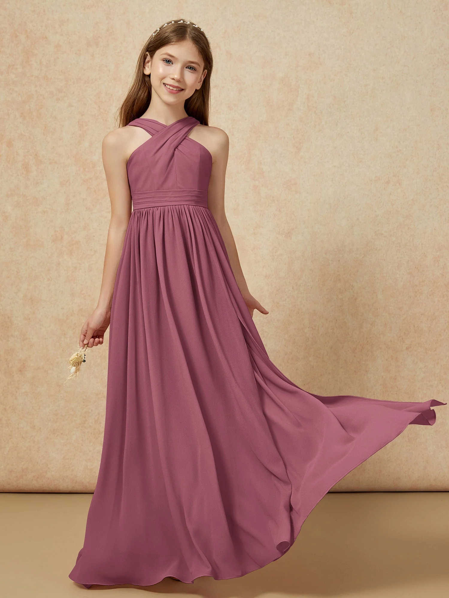 Griechischer Ausschnitt Chiffon Junge Brautjungfernkleider mit Schlitz Maulbeere - Image 5