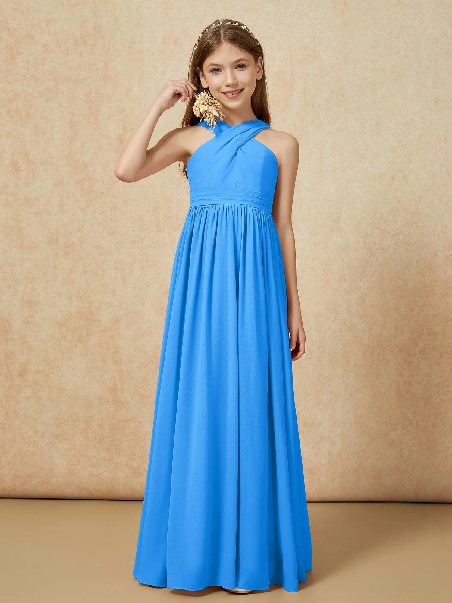 Griechischer Ausschnitt Chiffon Junge Brautjungfernkleider mit Schlitz Meerblau