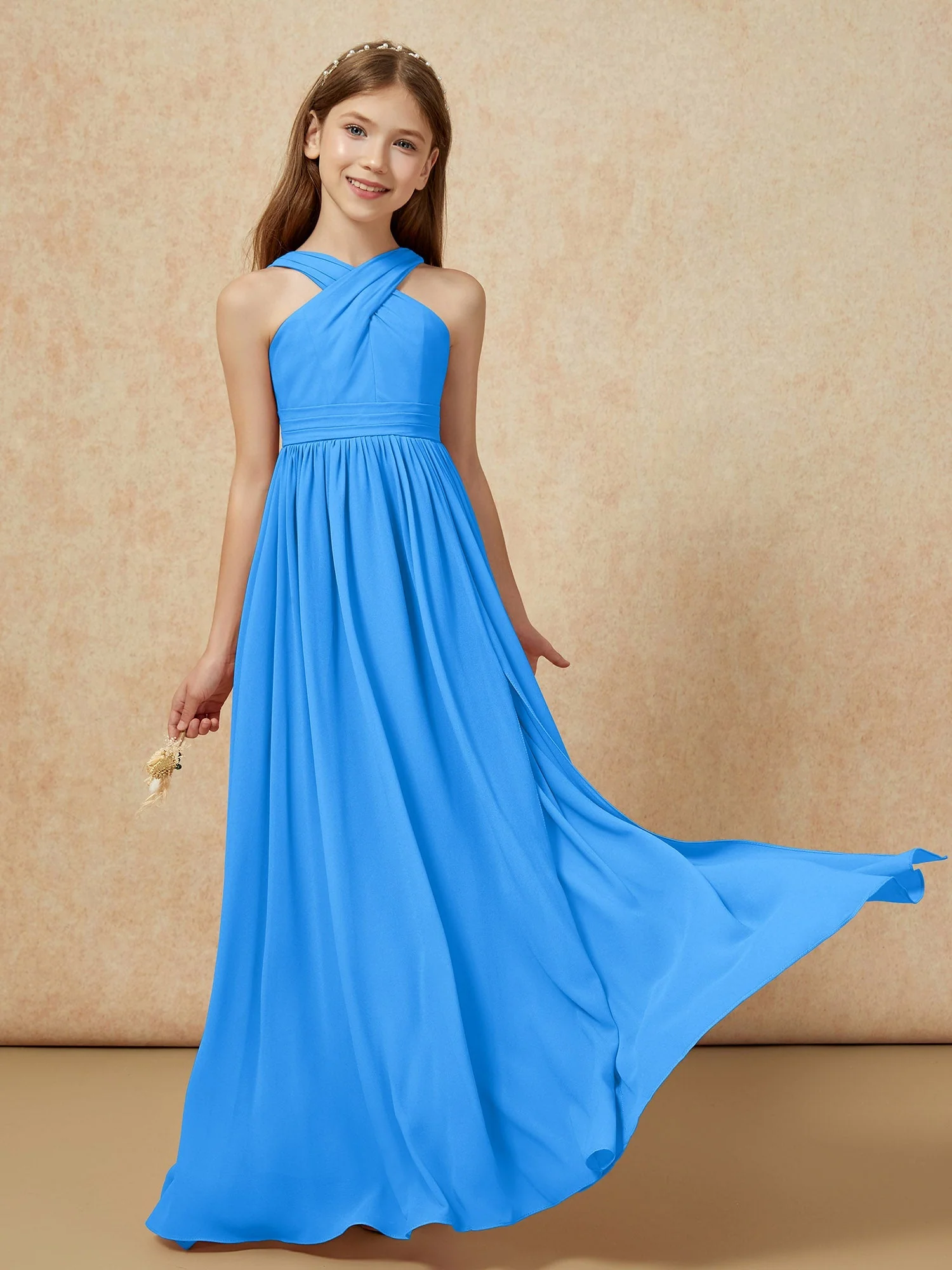 Griechischer Ausschnitt Chiffon Junge Brautjungfernkleider mit Schlitz Meerblau - Image 5