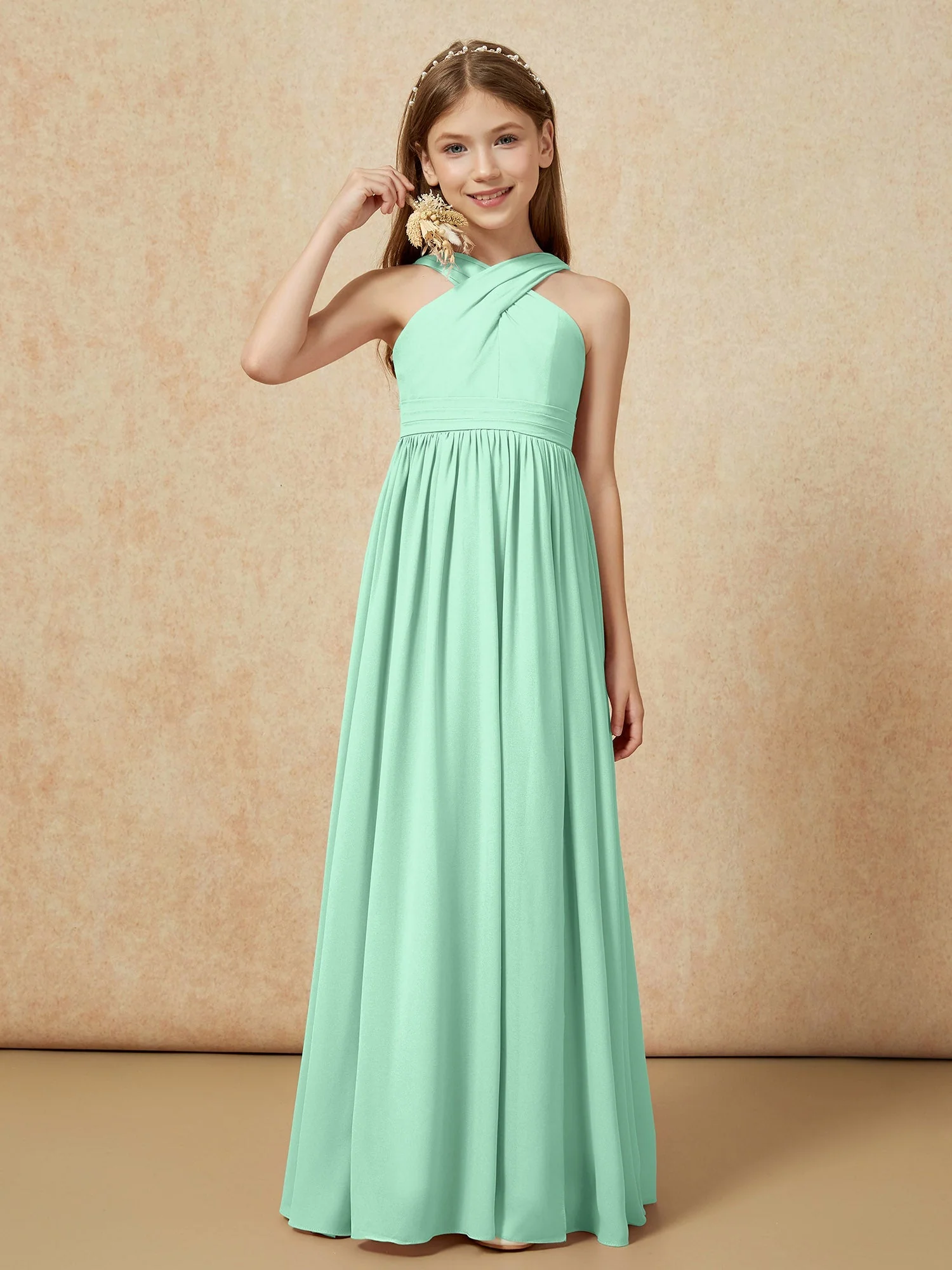 Griechischer Ausschnitt Chiffon Junge Brautjungfernkleider mit Schlitz Minzgrün