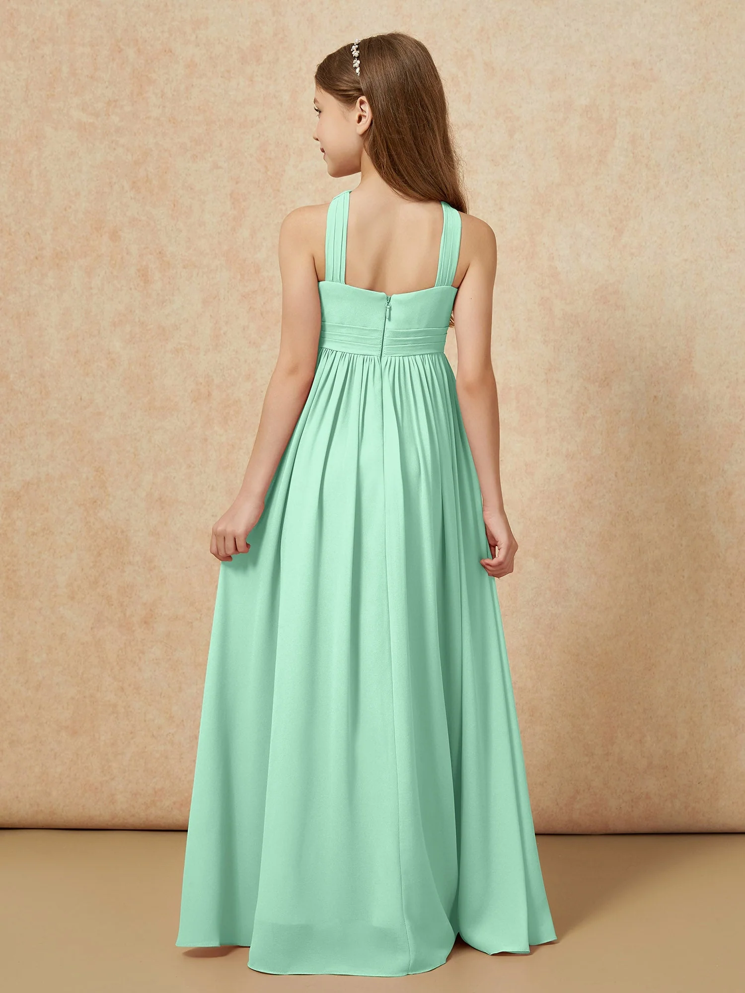 Griechischer Ausschnitt Chiffon Junge Brautjungfernkleider mit Schlitz Minzgrün - Image 2