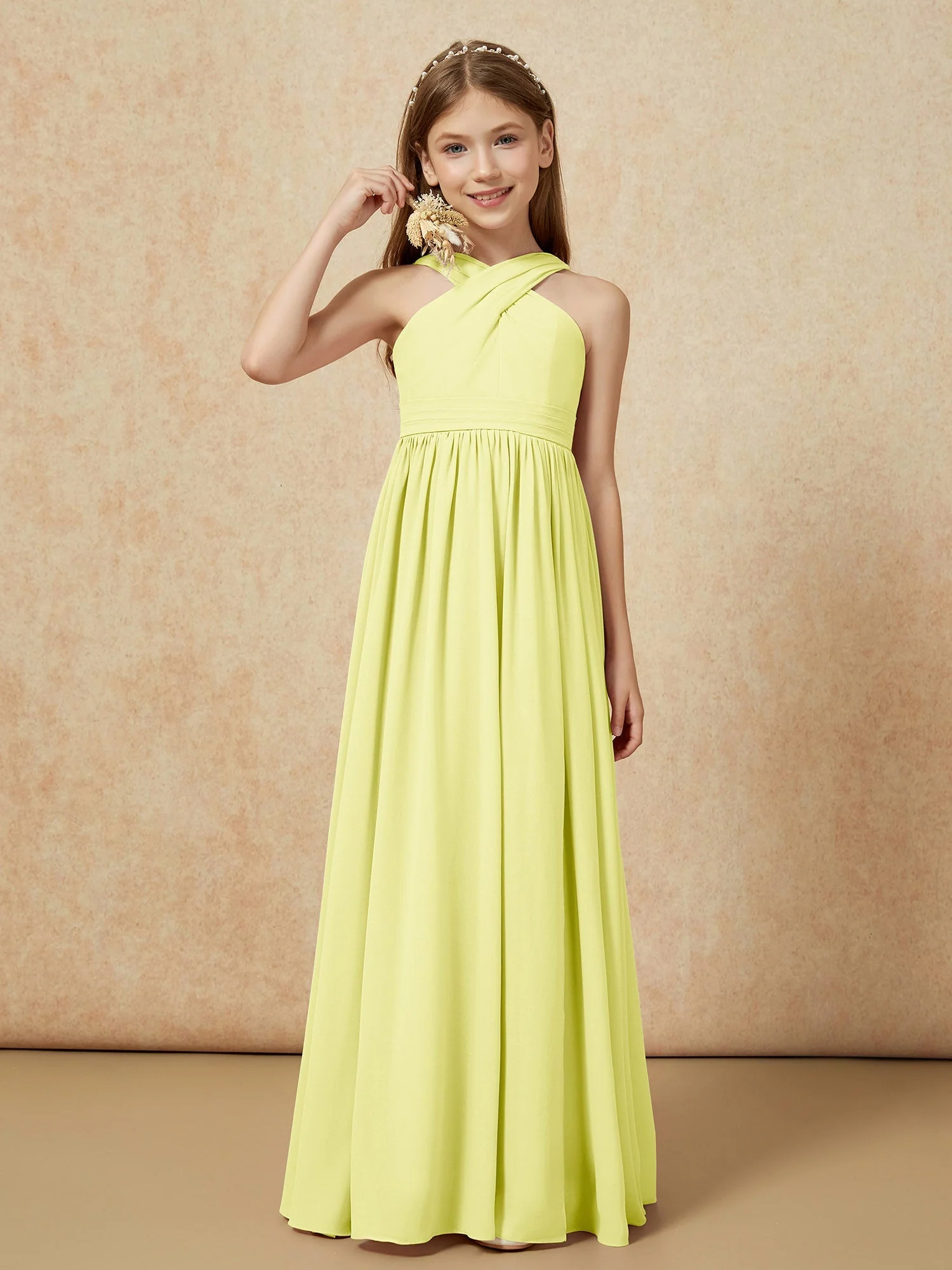 Griechischer Ausschnitt Chiffon Junge Brautjungfernkleider mit Schlitz Narzisse
