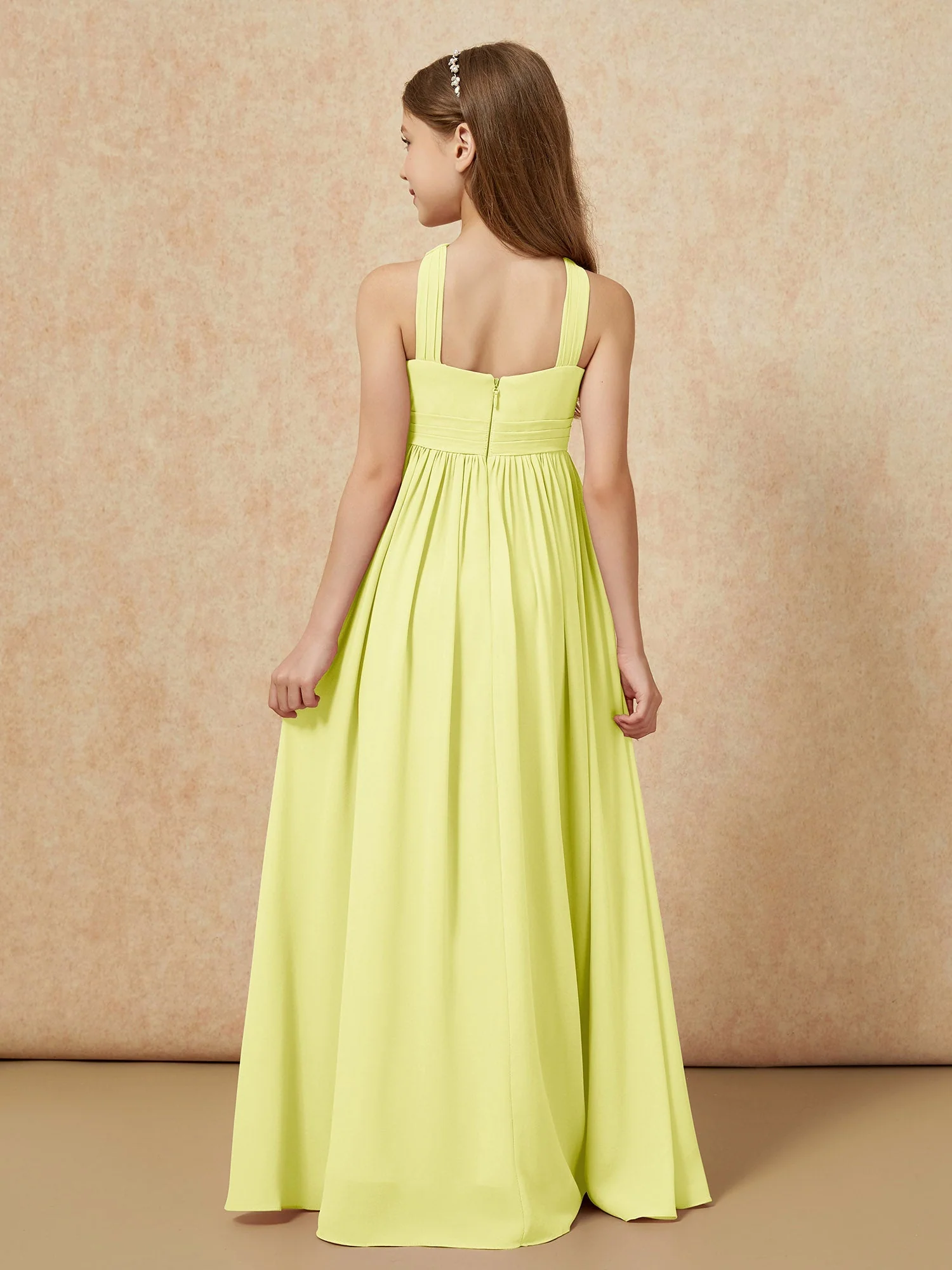 Griechischer Ausschnitt Chiffon Junge Brautjungfernkleider mit Schlitz Narzisse - Image 2