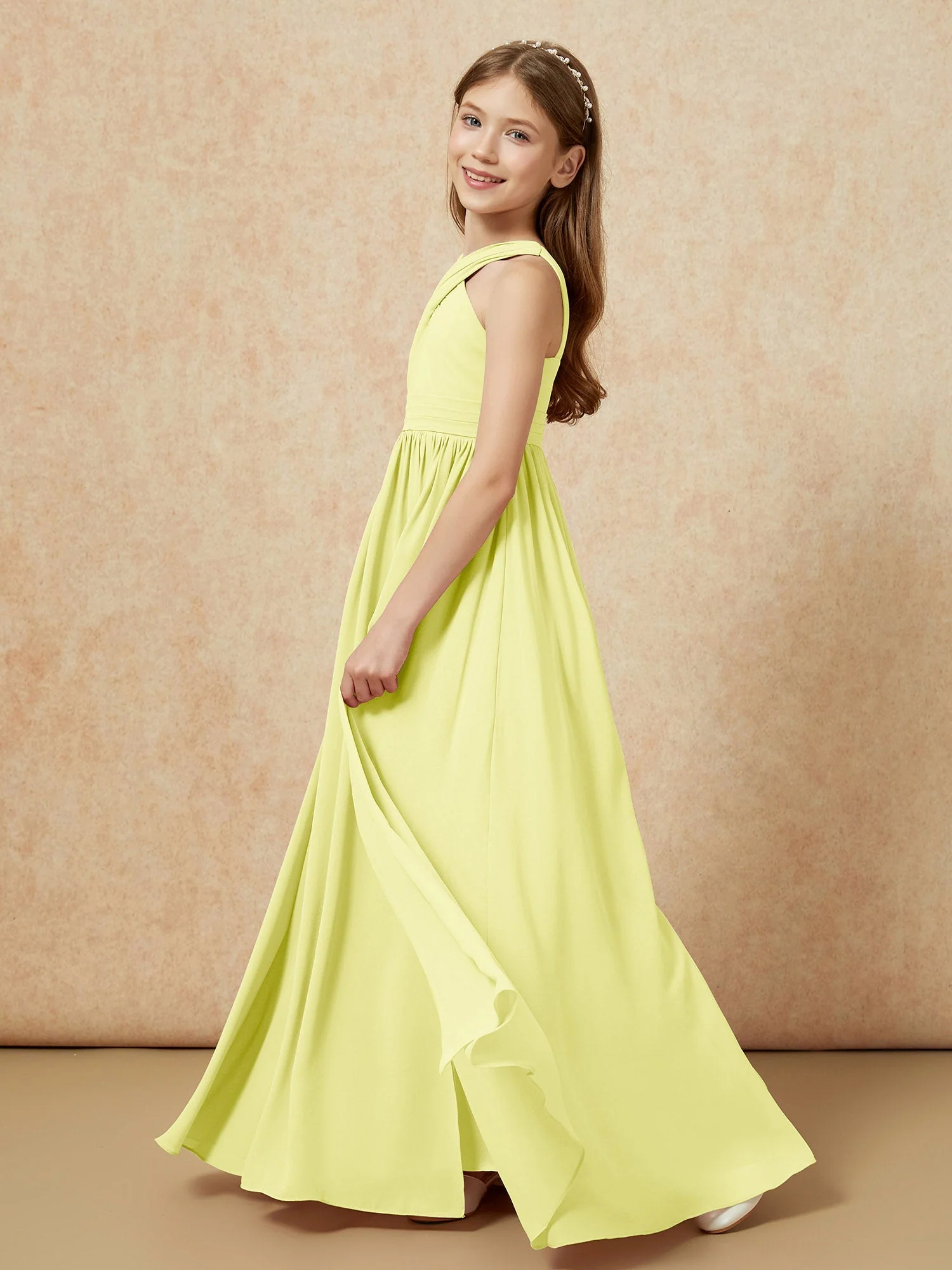 Griechischer Ausschnitt Chiffon Junge Brautjungfernkleider mit Schlitz Narzisse - Image 3