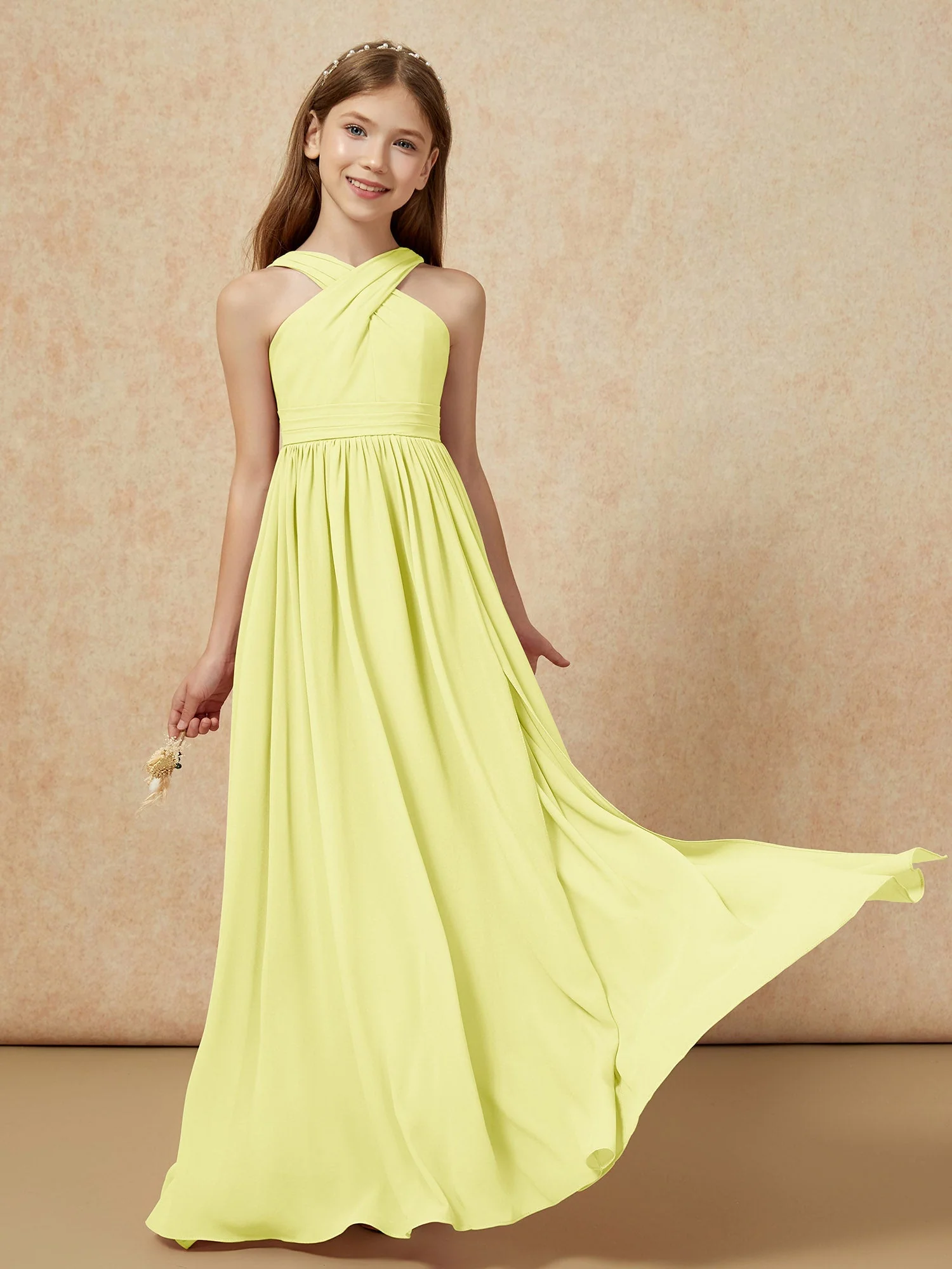 Griechischer Ausschnitt Chiffon Junge Brautjungfernkleider mit Schlitz Narzisse - Image 5