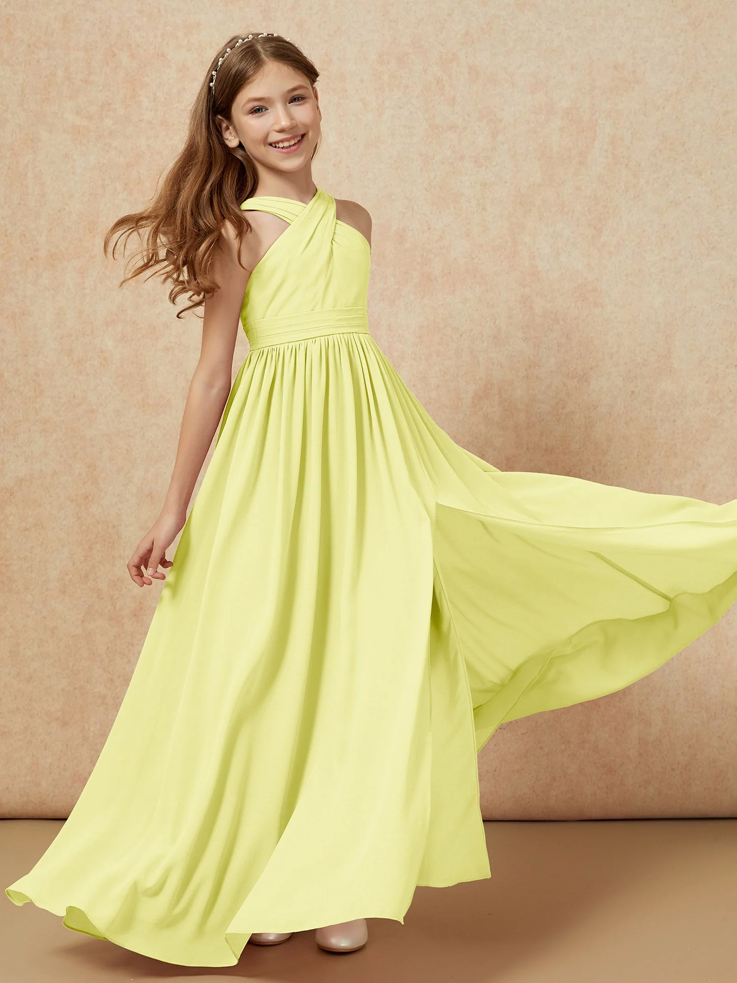 Griechischer Ausschnitt Chiffon Junge Brautjungfernkleider mit Schlitz Narzisse - Image 6