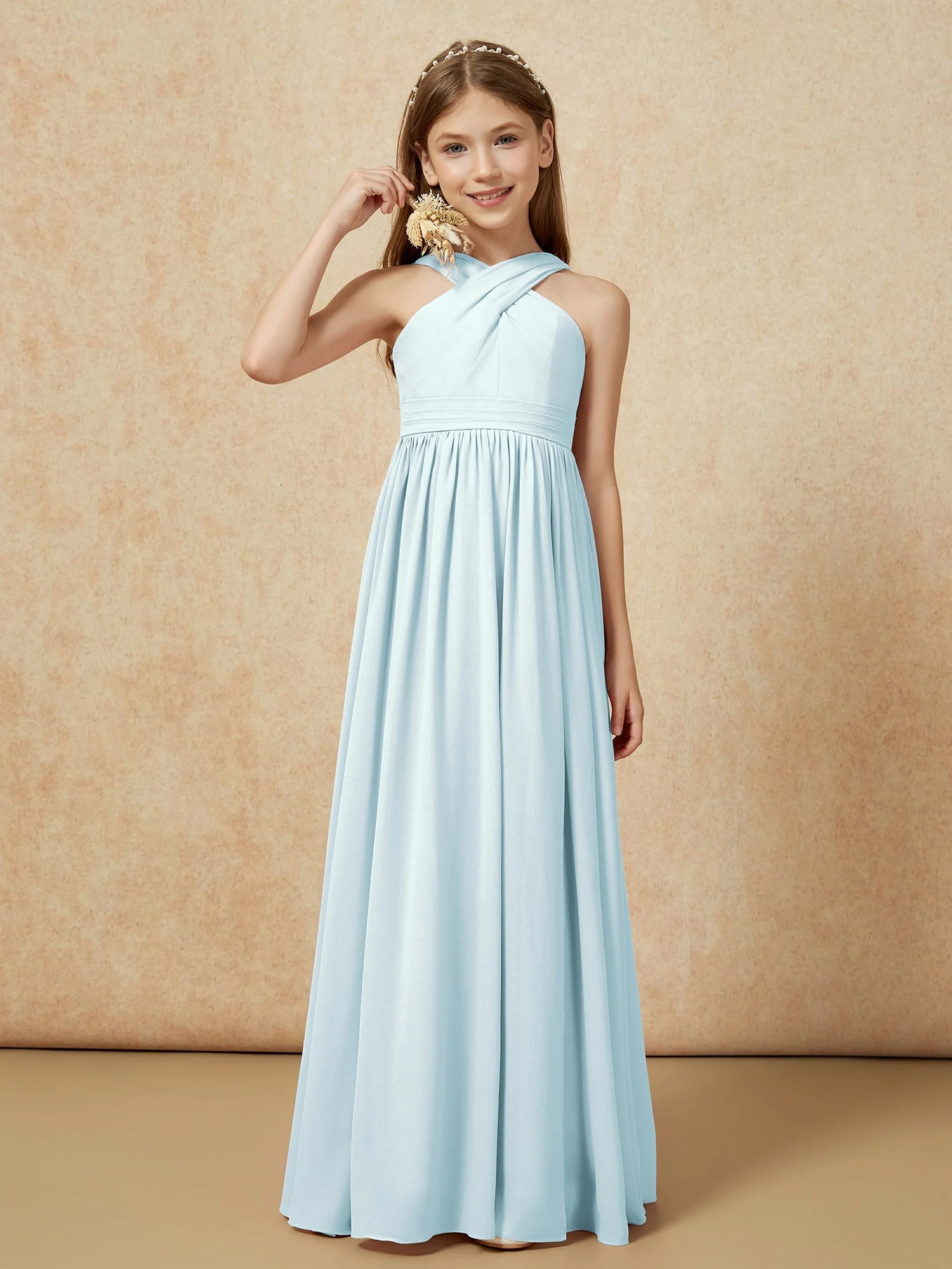Griechischer Ausschnitt Chiffon Junge Brautjungfernkleider mit Schlitz Nebel