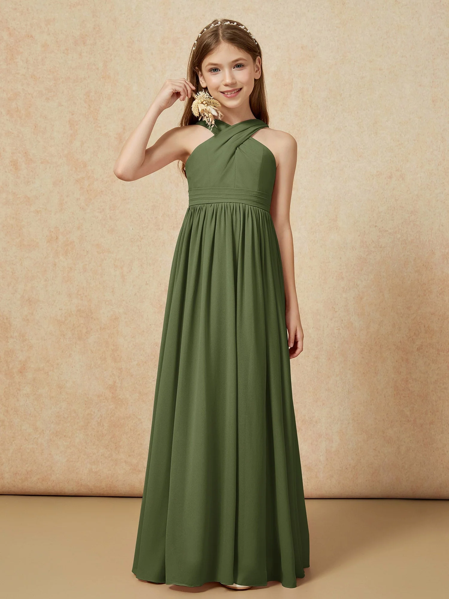 Griechischer Ausschnitt Chiffon Junge Brautjungfernkleider mit Schlitz Olivgrün