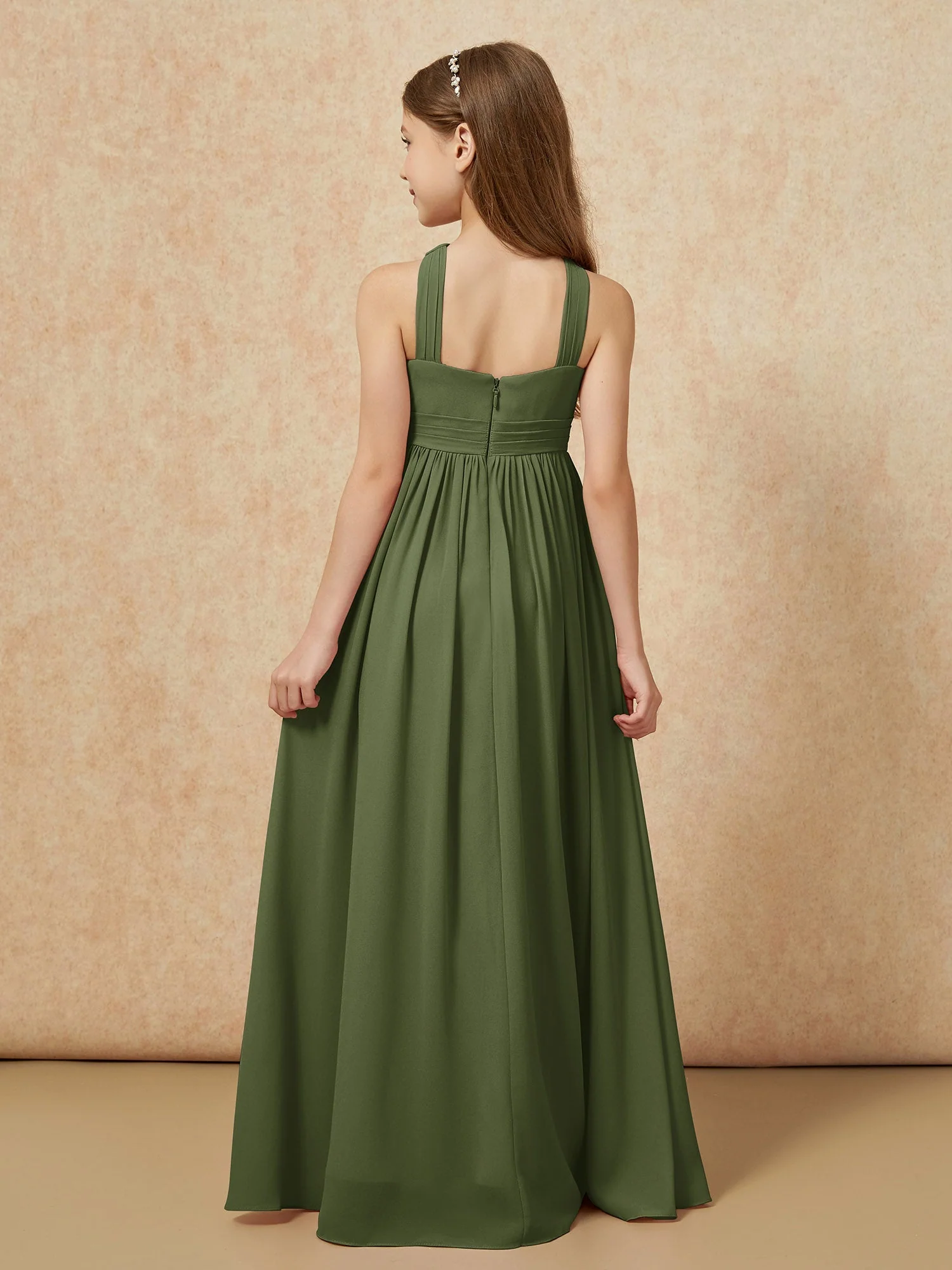 Griechischer Ausschnitt Chiffon Junge Brautjungfernkleider mit Schlitz Olivgrün - Image 2