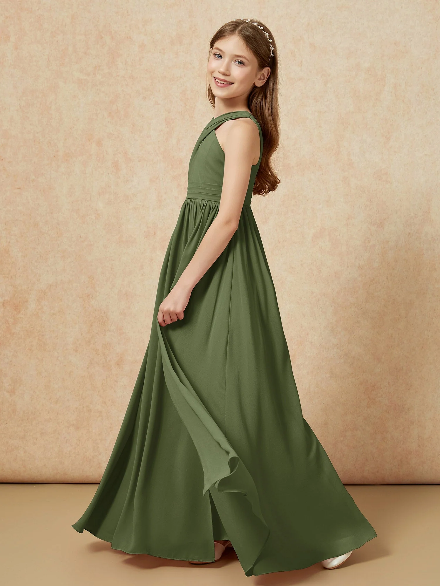 Griechischer Ausschnitt Chiffon Junge Brautjungfernkleider mit Schlitz Olivgrün - Image 3