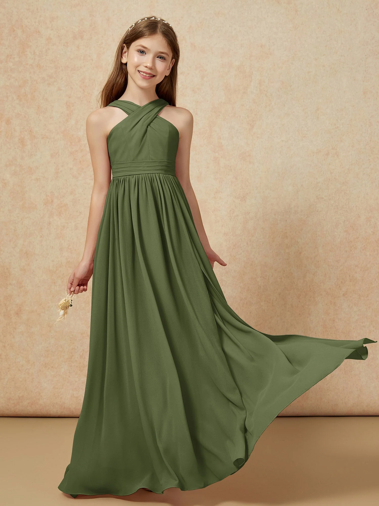 Griechischer Ausschnitt Chiffon Junge Brautjungfernkleider mit Schlitz Olivgrün - Image 5