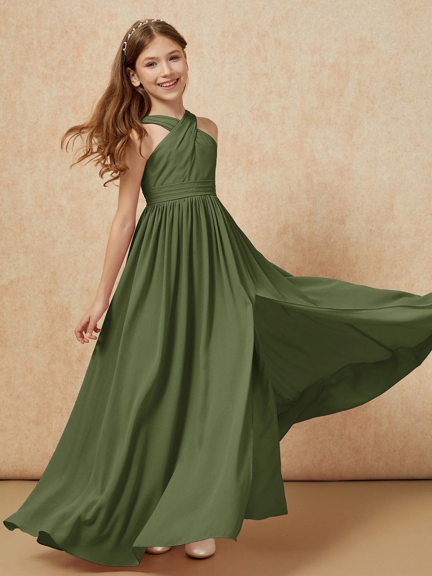 Griechischer Ausschnitt Chiffon Junge Brautjungfernkleider mit Schlitz Olivgrün - Image 6