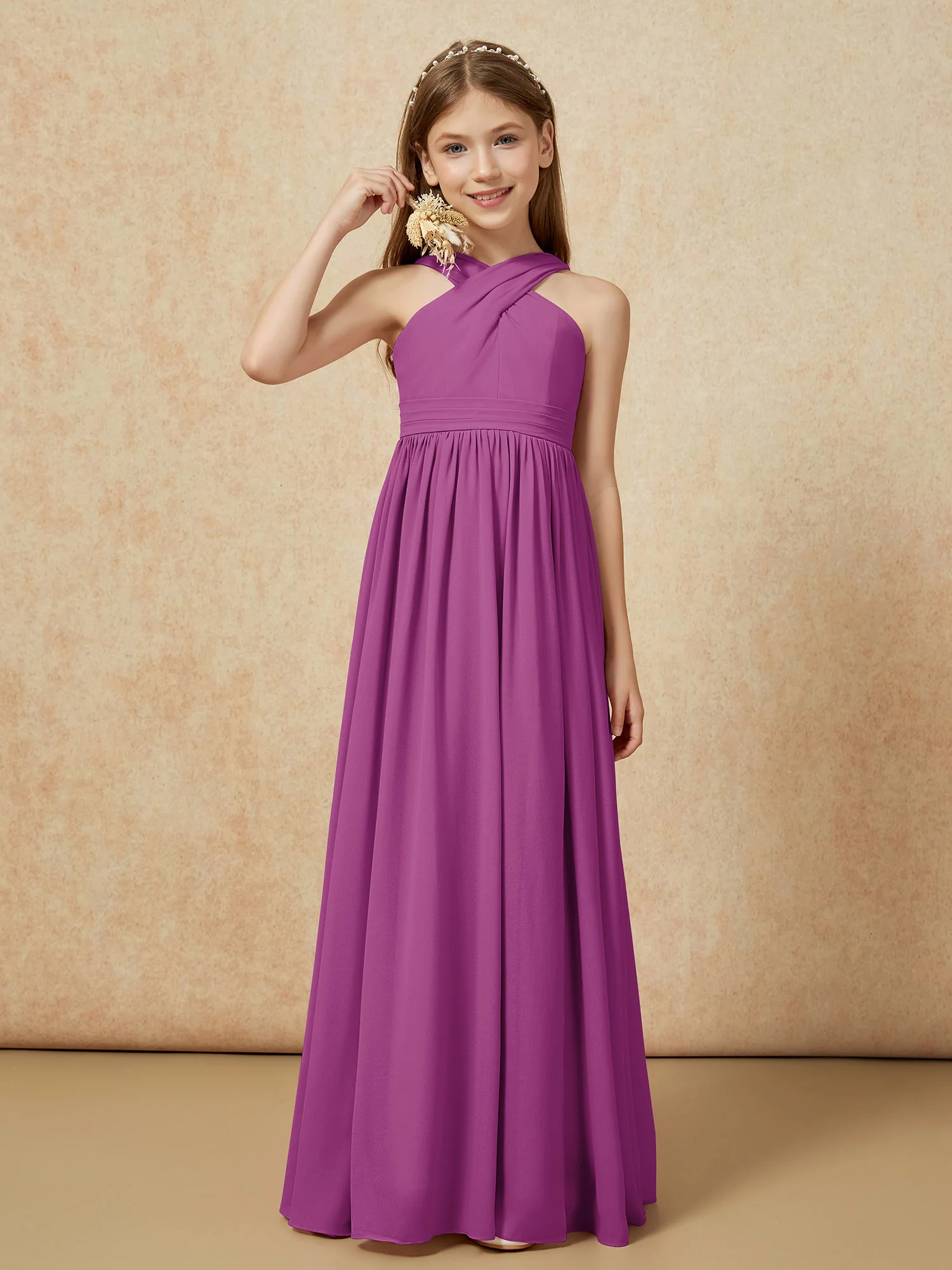 Griechischer Ausschnitt Chiffon Junge Brautjungfernkleider mit Schlitz Orchidee