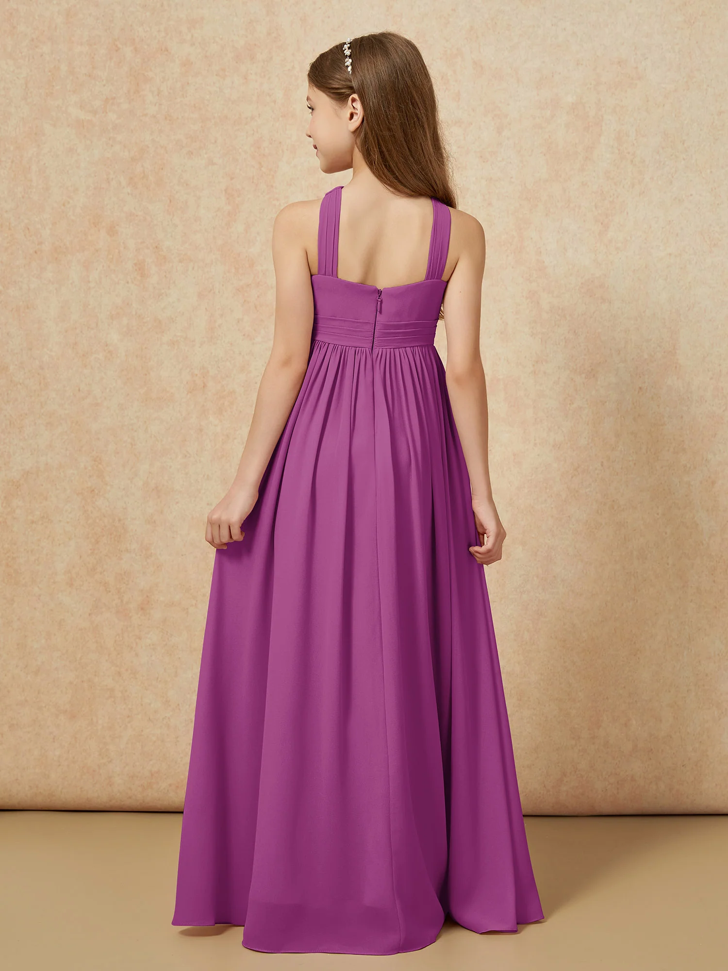 Griechischer Ausschnitt Chiffon Junge Brautjungfernkleider mit Schlitz Orchidee - Image 2