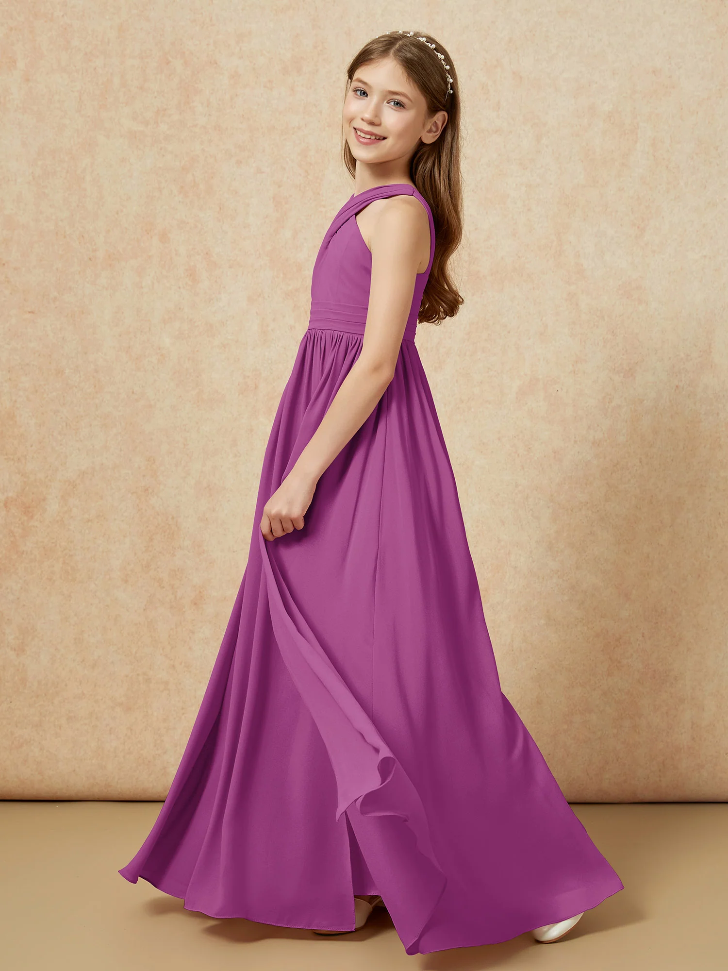 Griechischer Ausschnitt Chiffon Junge Brautjungfernkleider mit Schlitz Orchidee - Image 3