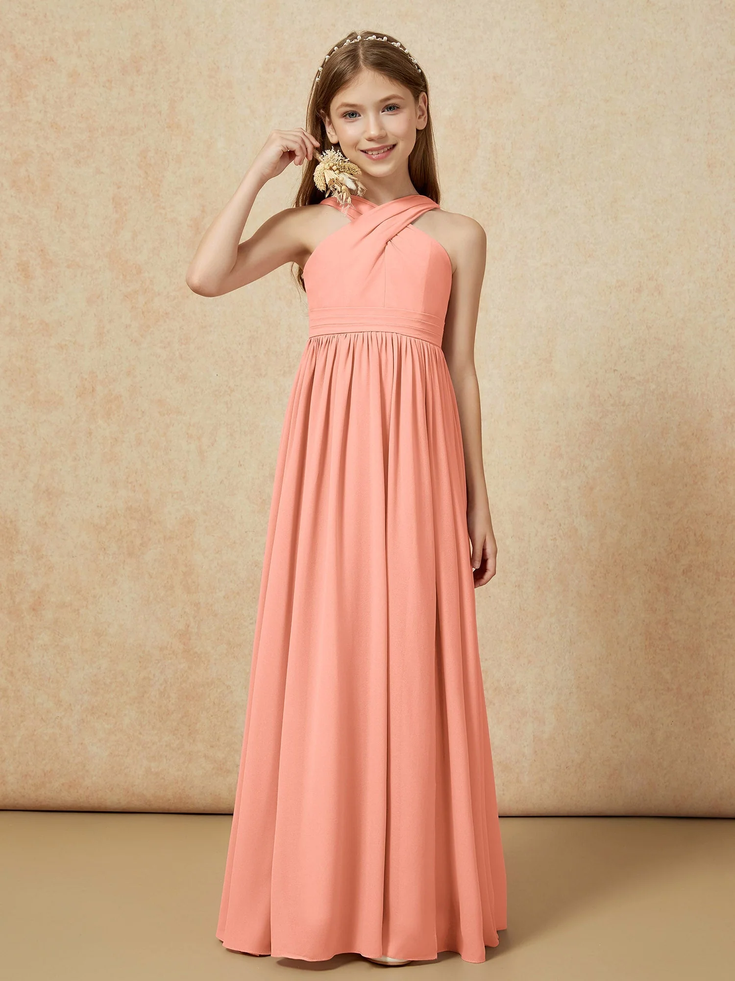 Griechischer Ausschnitt Chiffon Junge Brautjungfernkleider mit Schlitz Papaya