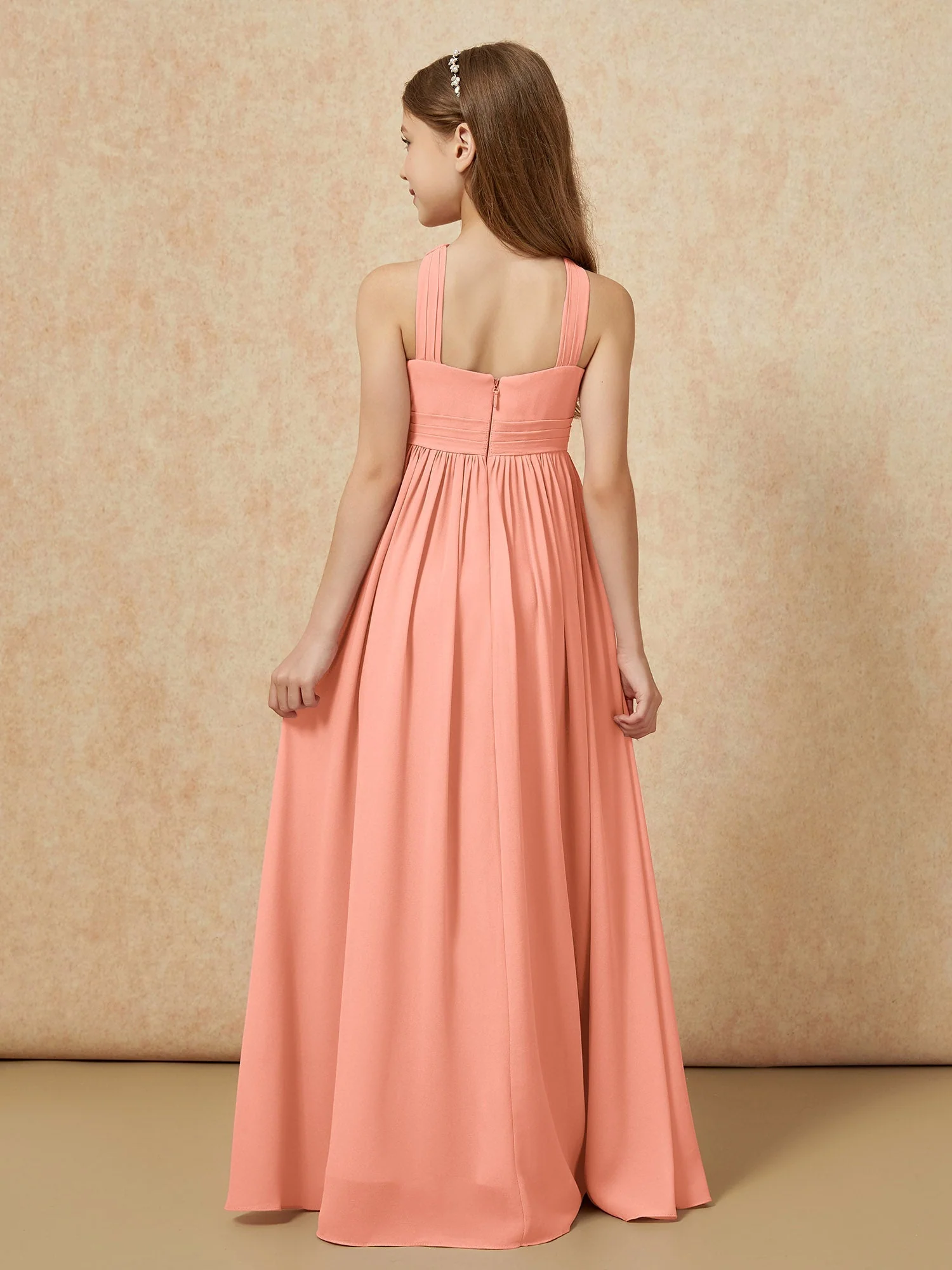 Griechischer Ausschnitt Chiffon Junge Brautjungfernkleider mit Schlitz Papaya - Image 2