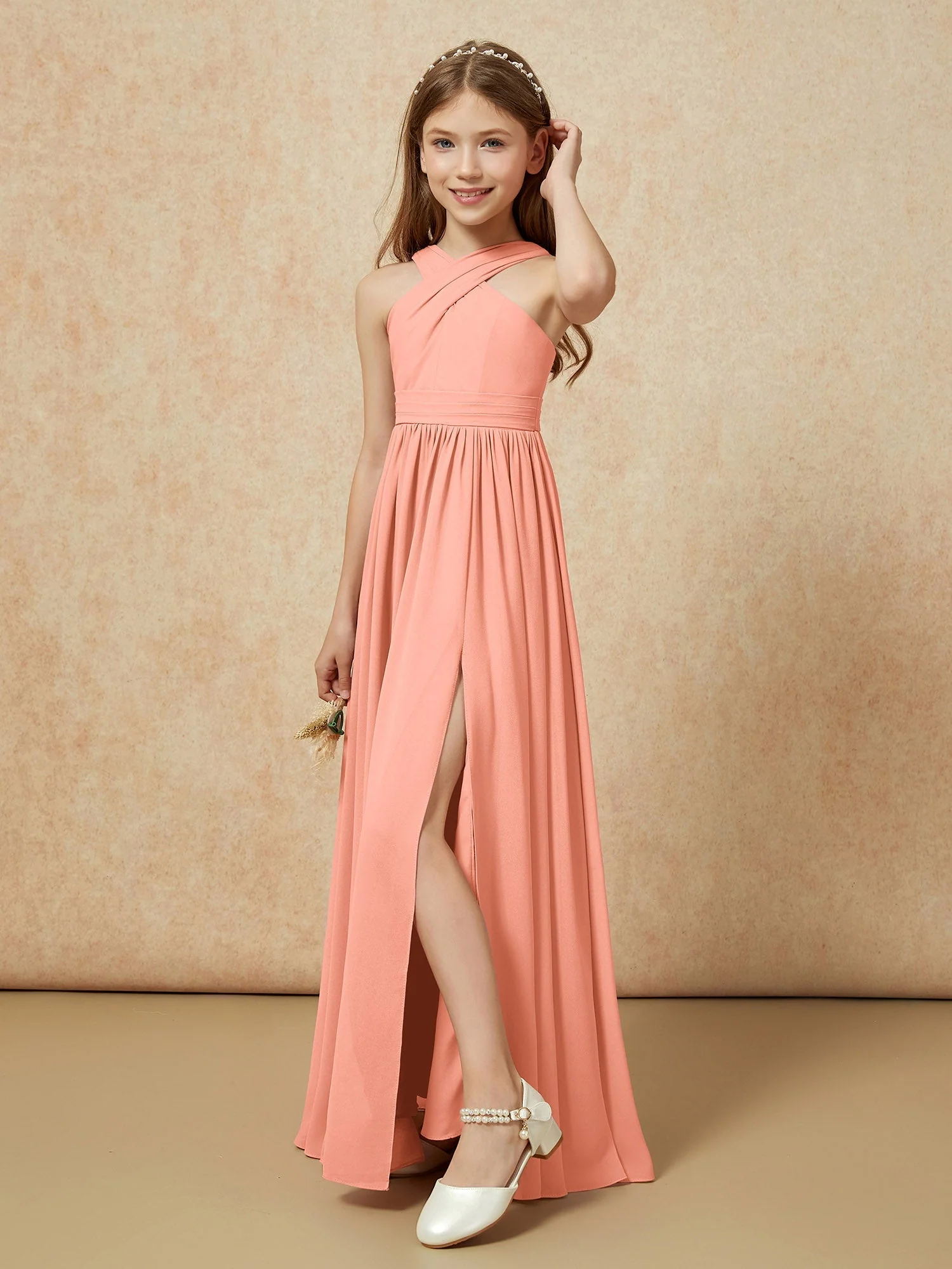 Griechischer Ausschnitt Chiffon Junge Brautjungfernkleider mit Schlitz Papaya - Image 4