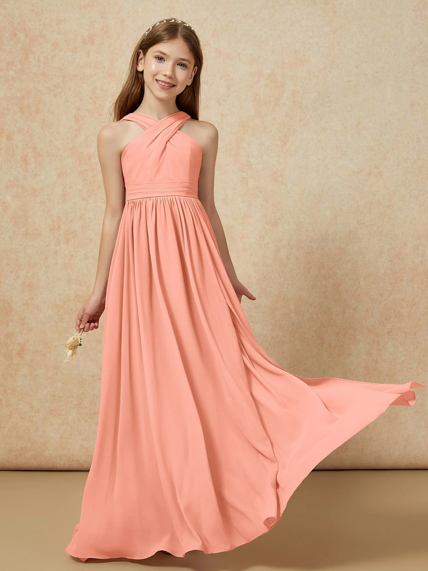 Griechischer Ausschnitt Chiffon Junge Brautjungfernkleider mit Schlitz Papaya - Image 5