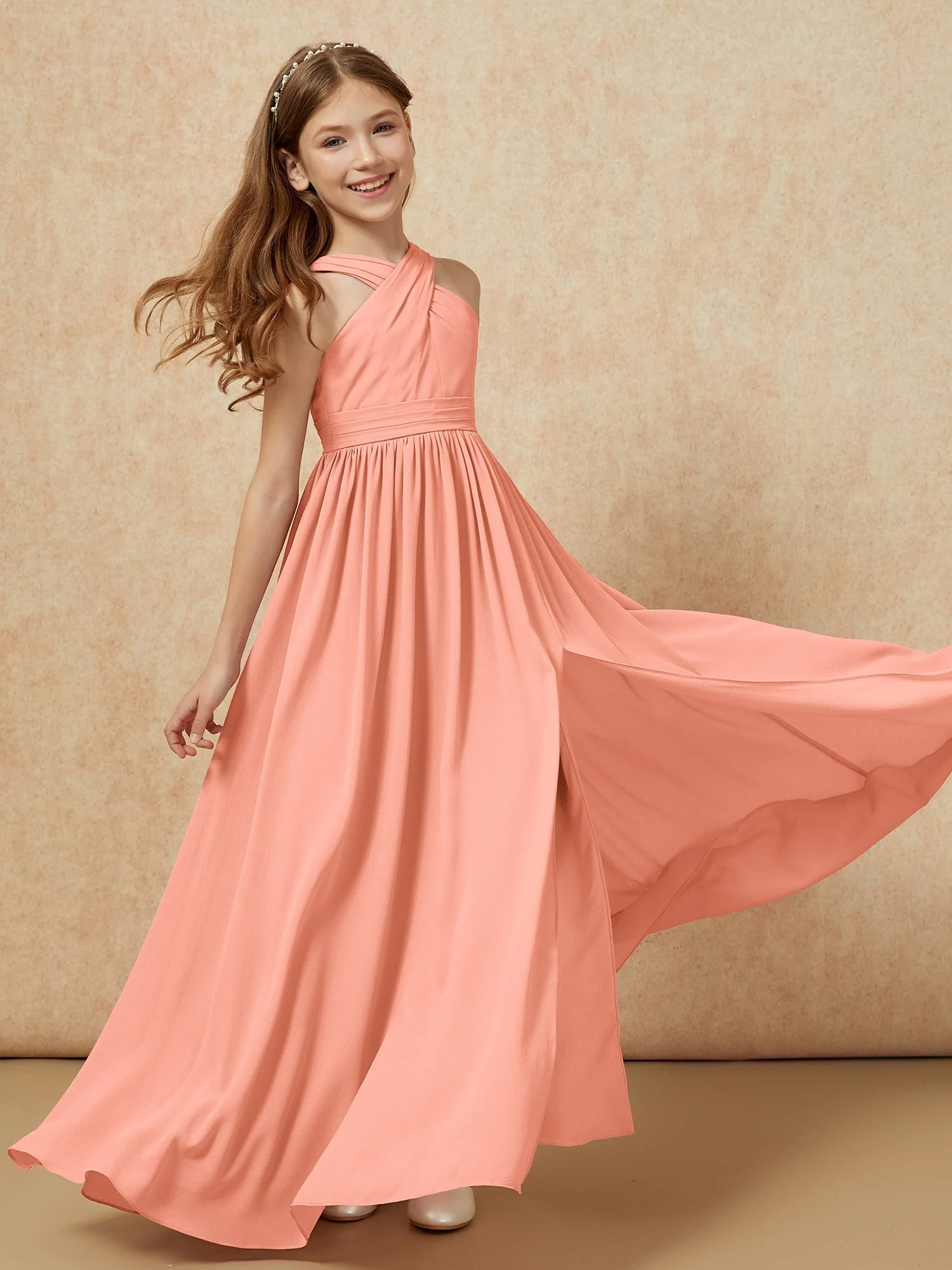 Griechischer Ausschnitt Chiffon Junge Brautjungfernkleider mit Schlitz Papaya - Image 6