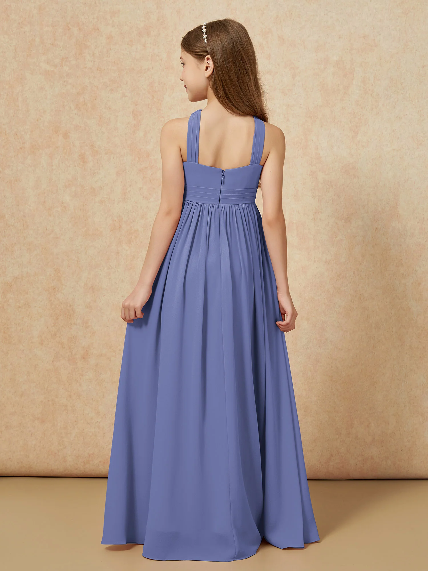 Griechischer Ausschnitt Chiffon Junge Brautjungfernkleider mit Schlitz Periwinkleblau - Image 2